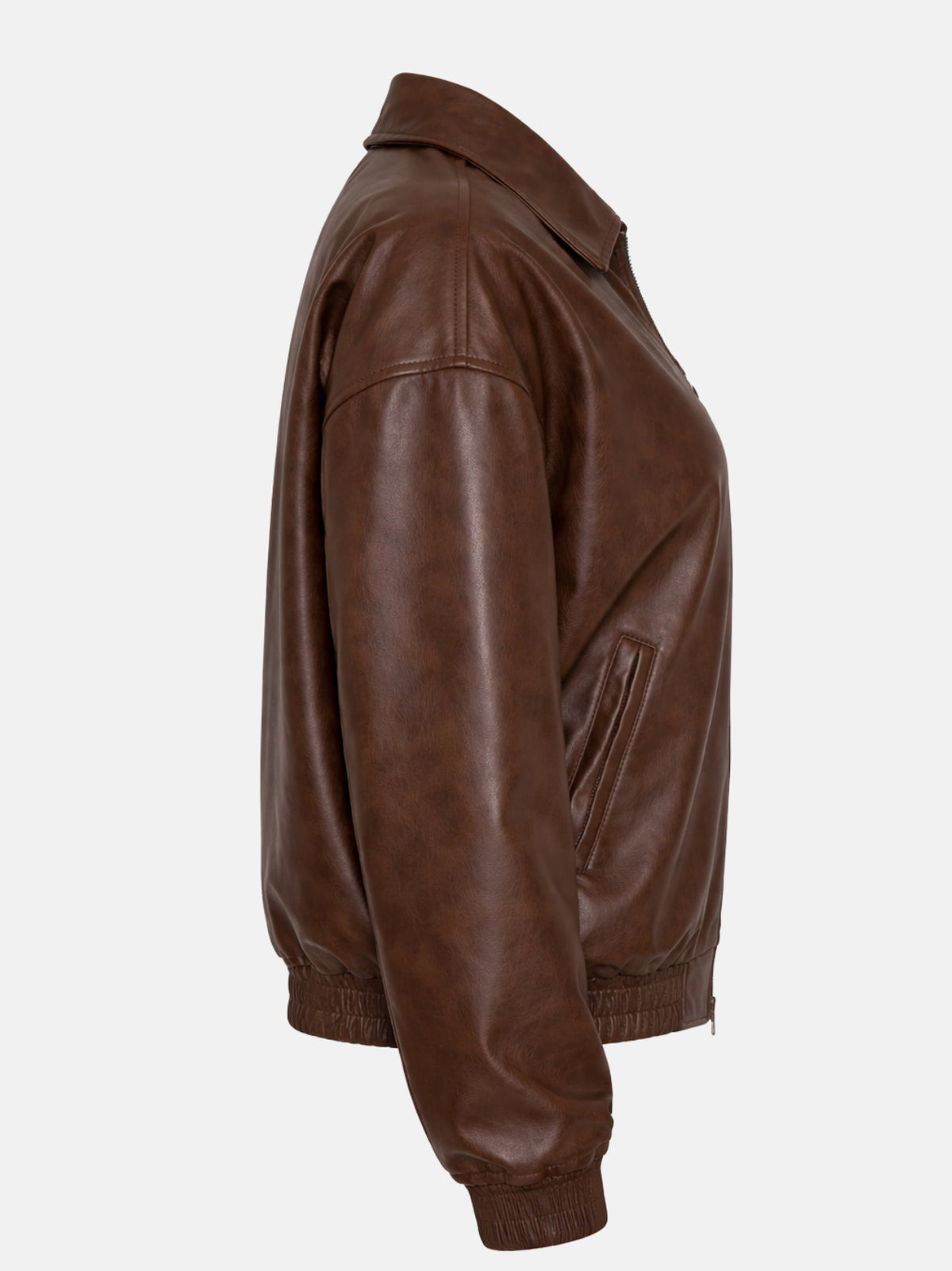 Women’s brown leather varsity bomber jacket with ribbed cuffs and hem, right view