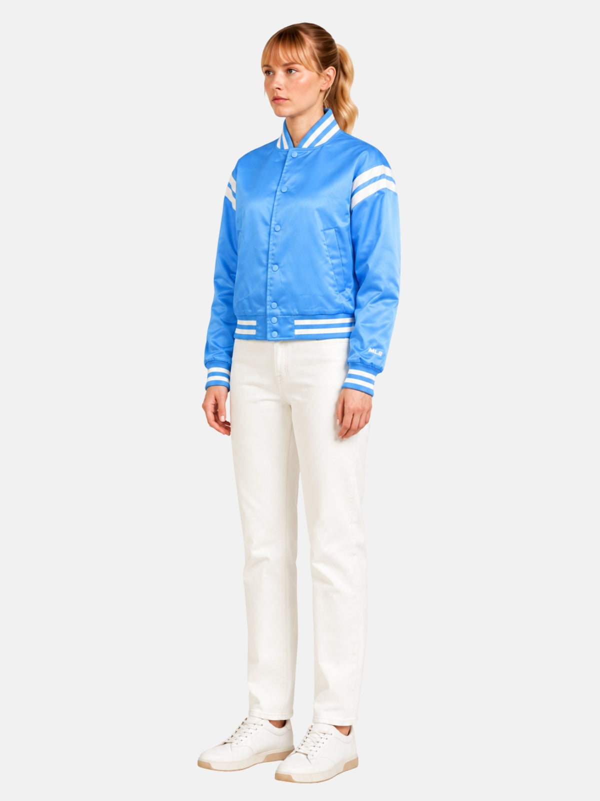 Angled full-body view of light blue satin varsity jacket