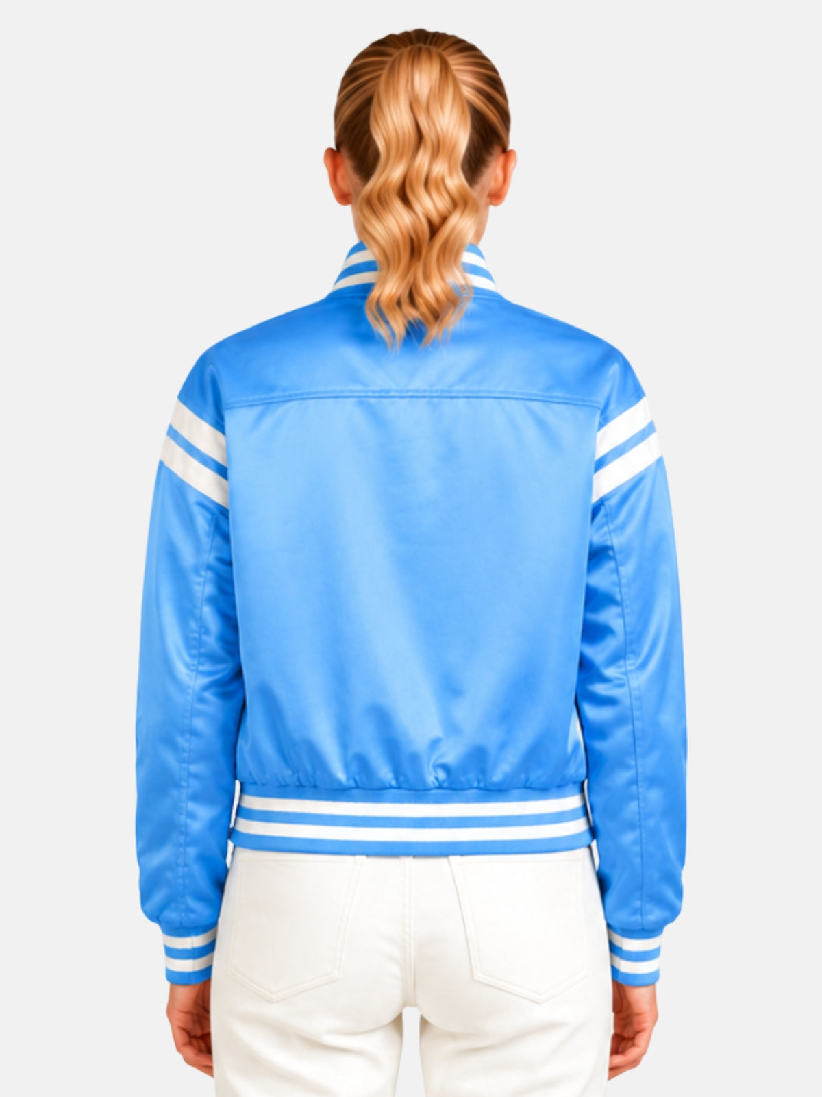 Back view of light blue satin varsity jacket with ribbed trim