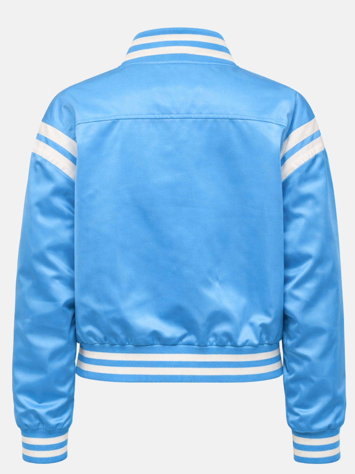 Flat lay back of light blue satin jacket showing shoulder yoke seam