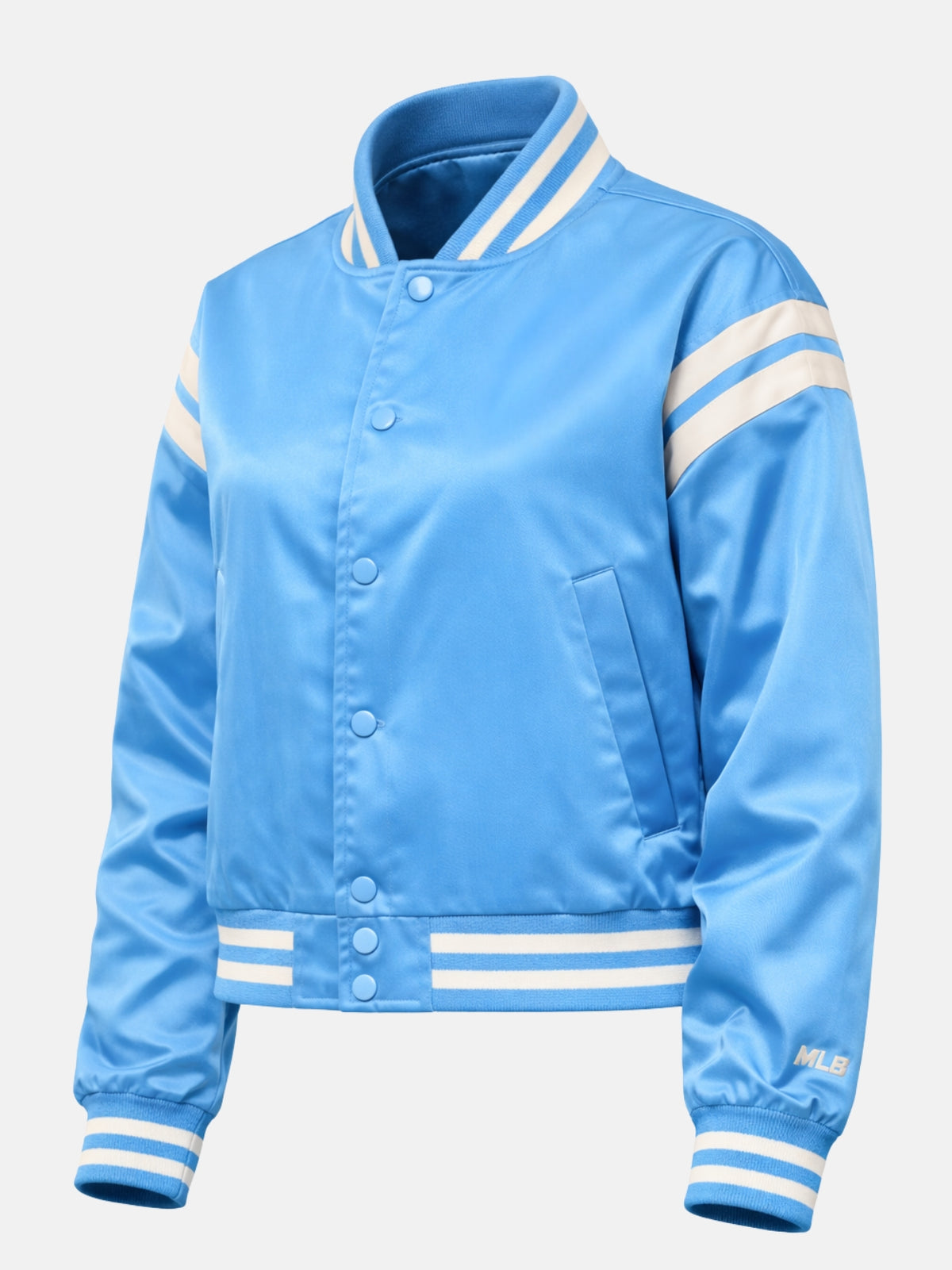 Flat lay front of light blue satin jacket highlighting ribbed waistband