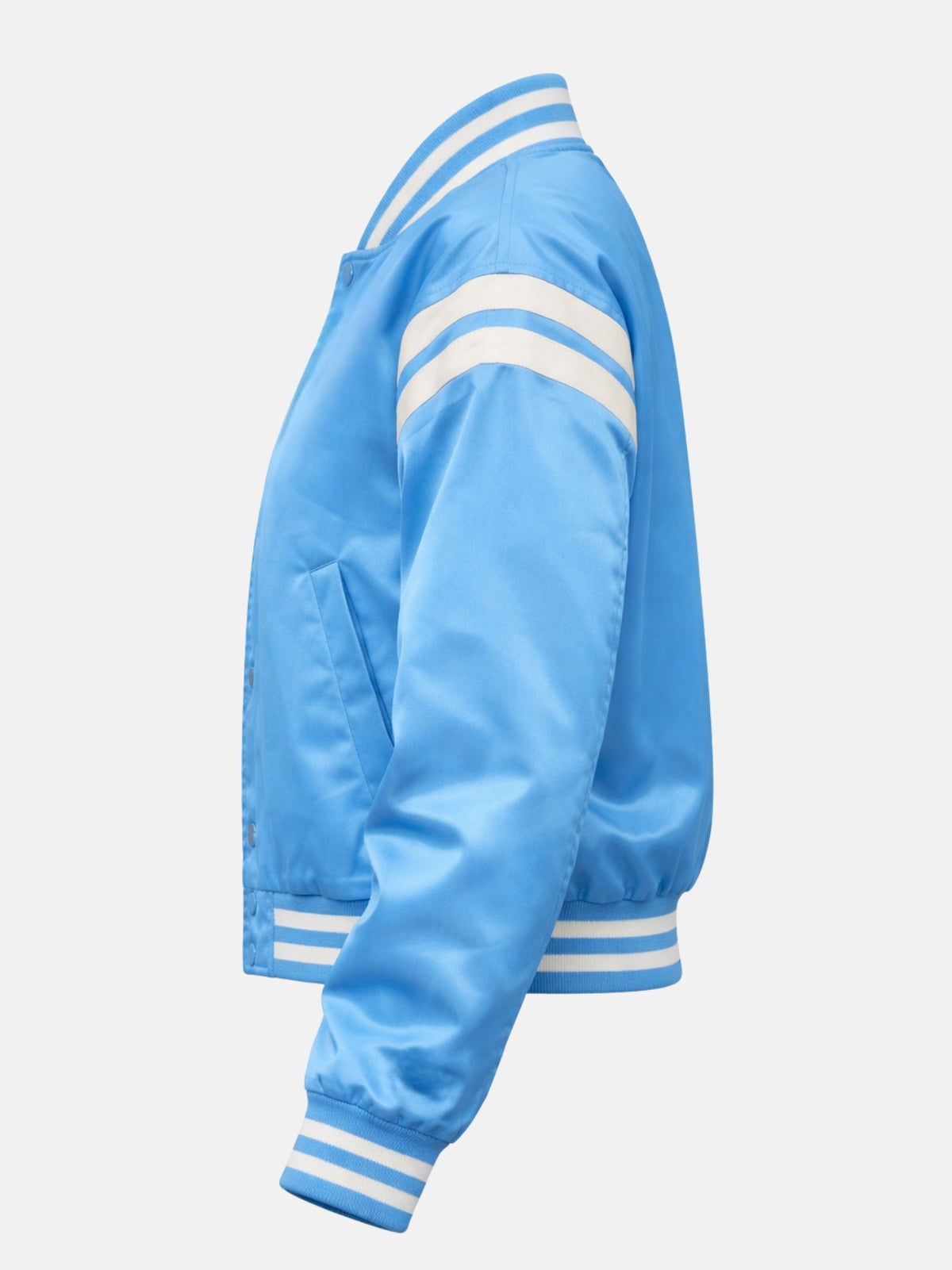 Flat lay side view of light blue satin jacket with diagonal stripe detail