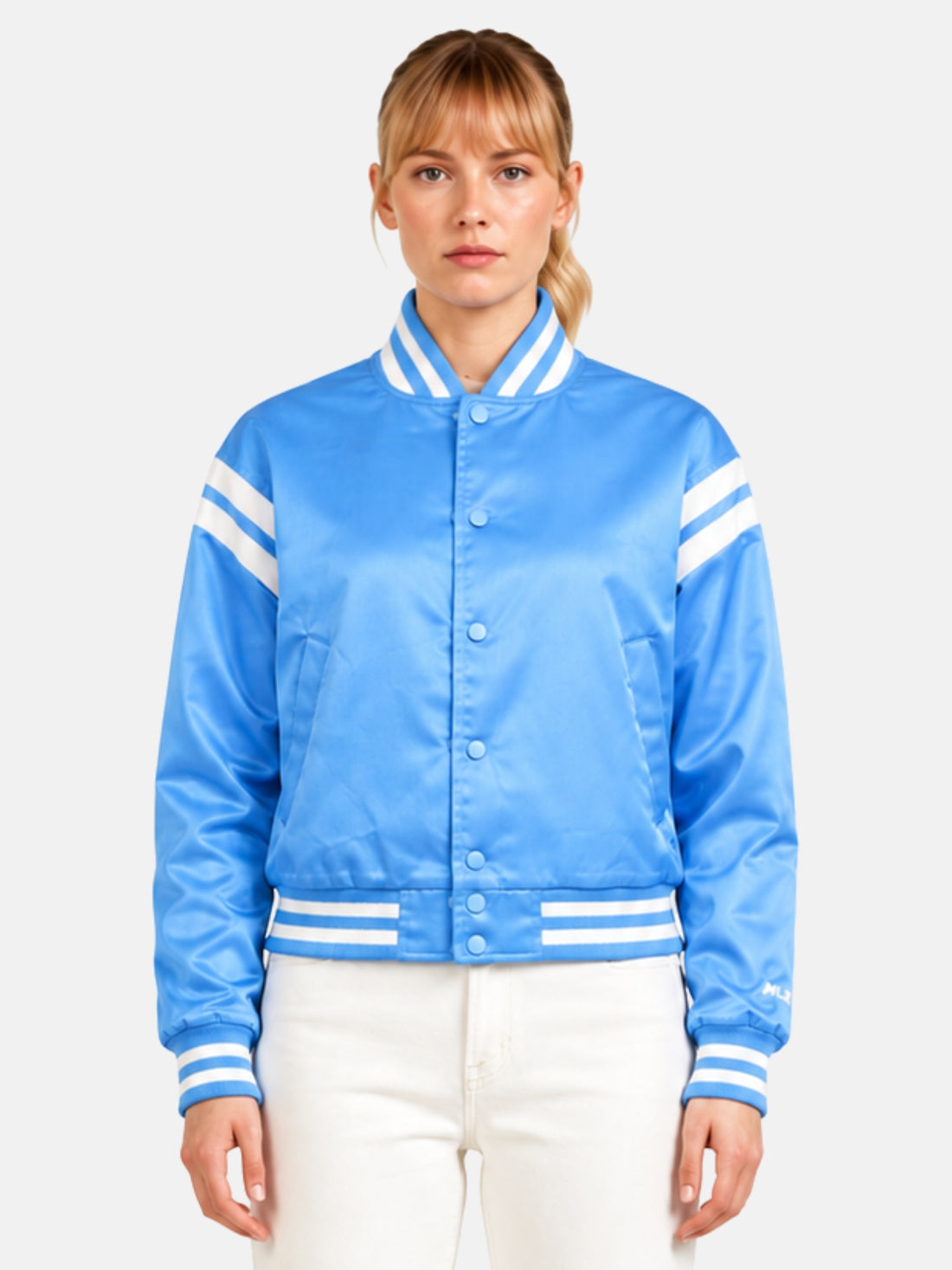 Light blue satin varsity jacket with white ribbed collar and diagonal sleeve stripe