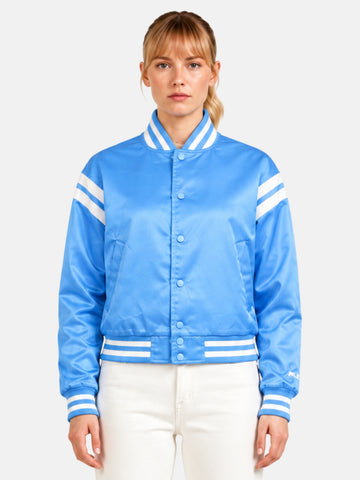 Light blue satin varsity jacket with white ribbed collar and diagonal sleeve stripe