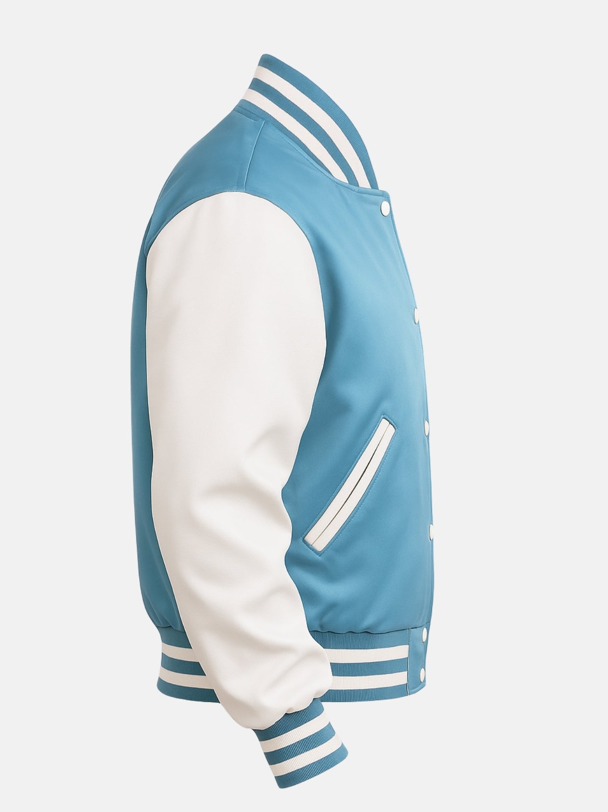 Side view of a light blue satin varsity jacket showing white-piped welt pocket