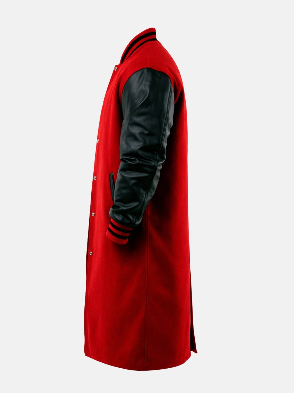 Profile of long red varsity coat with black cowhide sleeve and side slit