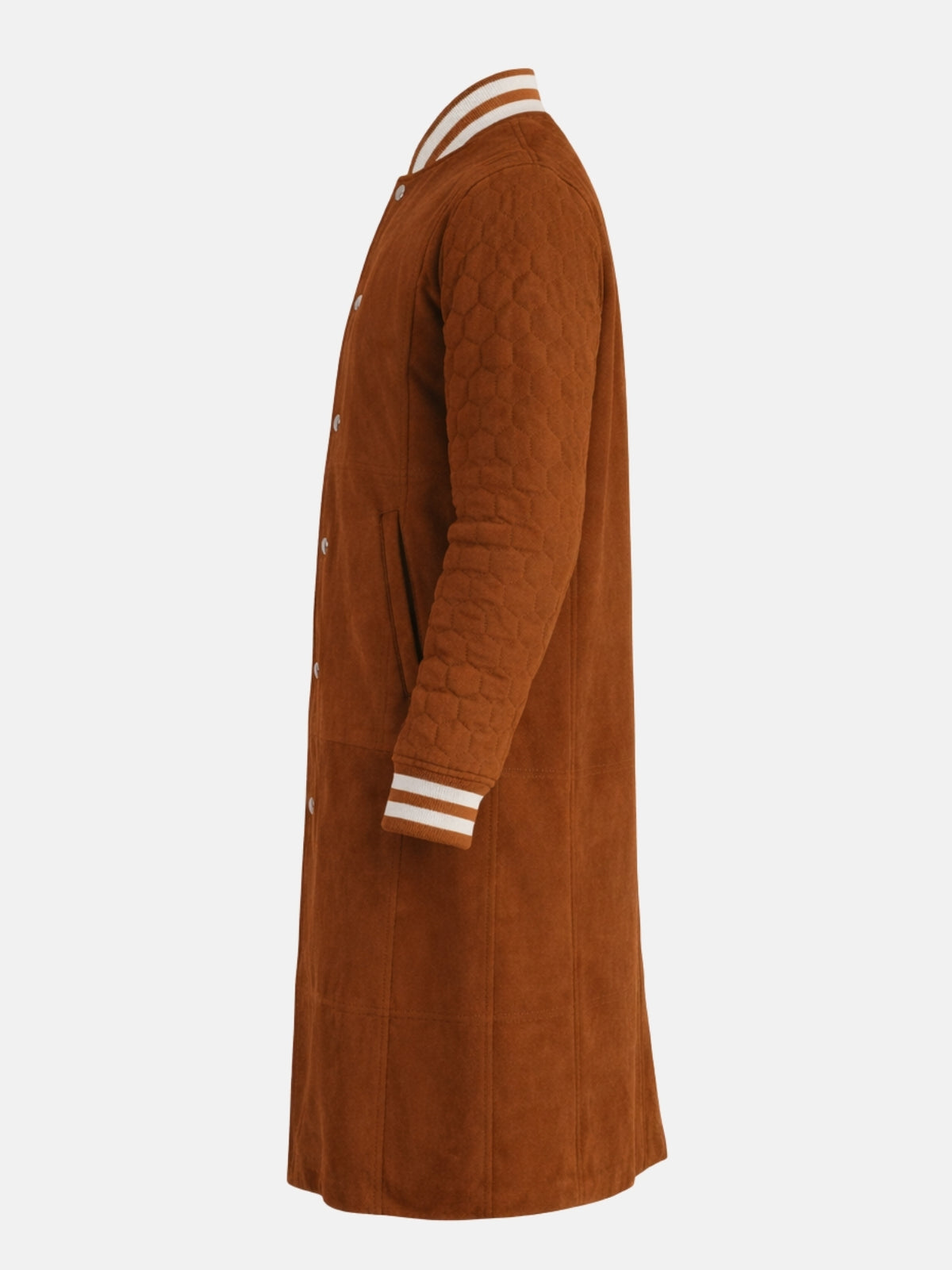 Profile of long tan suede varsity coat with snap front and striped rib cuff