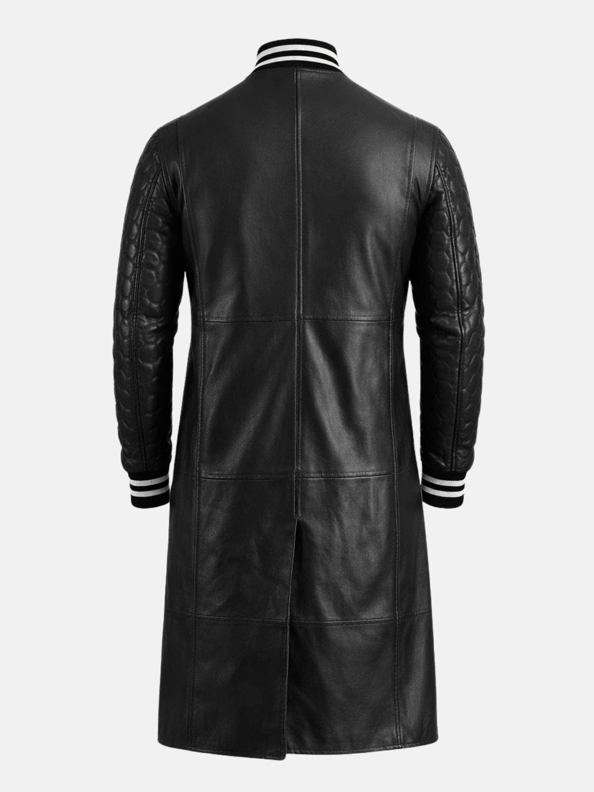 Back of black leather varsity coat with center vent, panel seams and striped collar