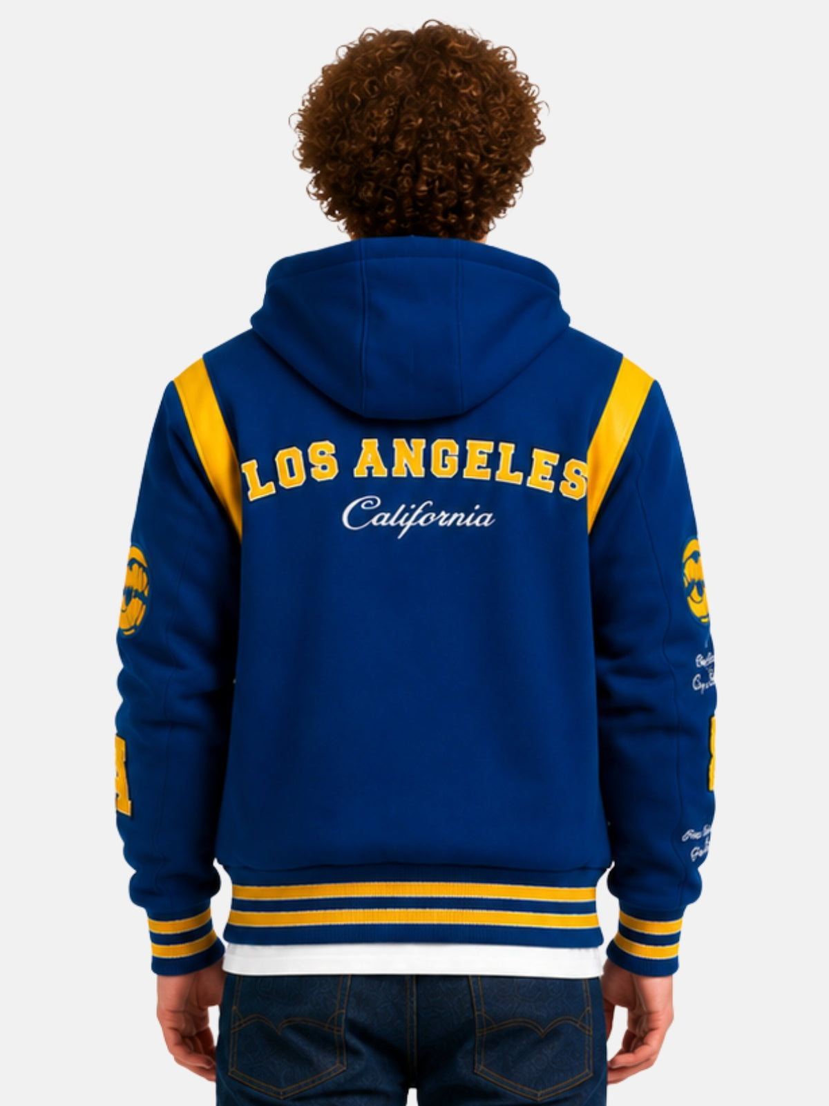 Back view of blue hooded varsity jacket with Los Angeles California lettering