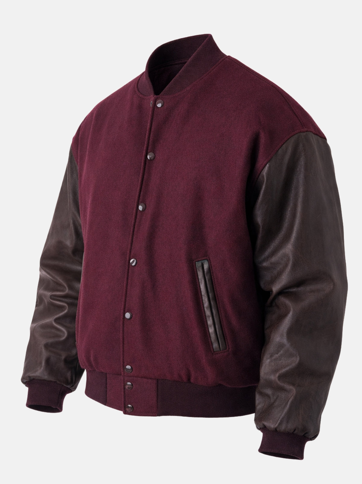 Angled front view of a maroon and brown varsity jacket with snap front and rib collar