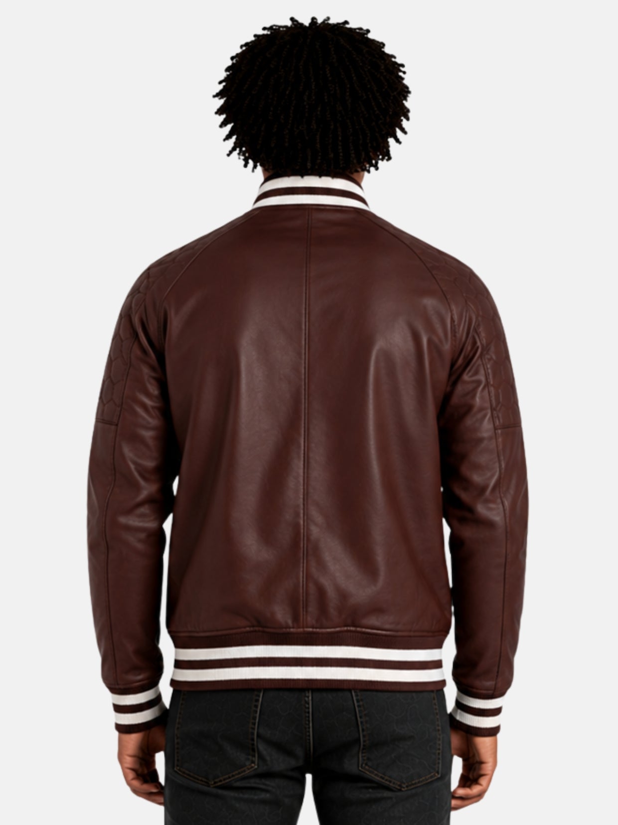 Model showing back of maroon leather varsity jacket with white striped trims