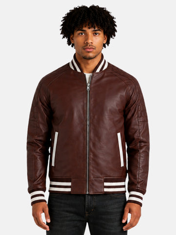 Man wearing maroon leather varsity jacket with white striped collar and silver zip