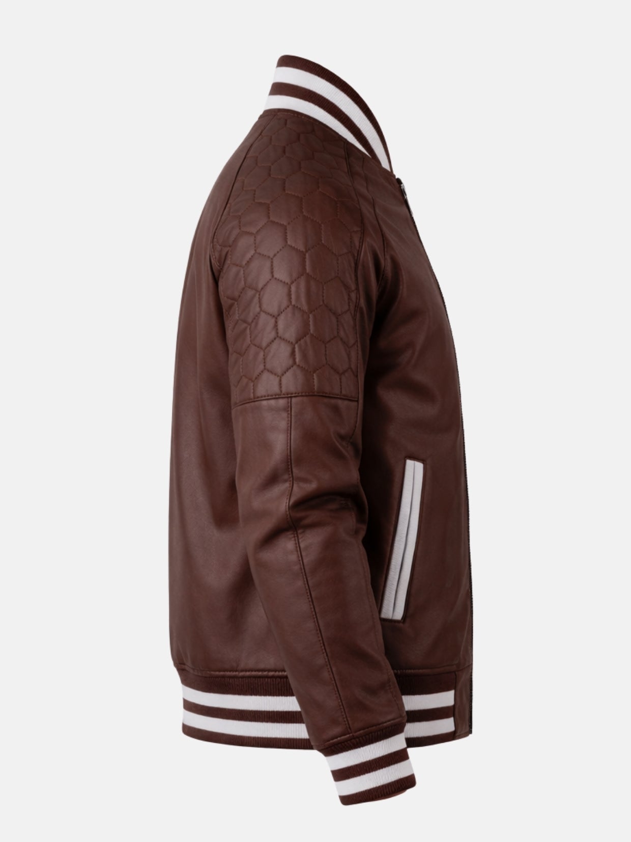 Side view of maroon leather varsity jacket with honeycomb quilting
