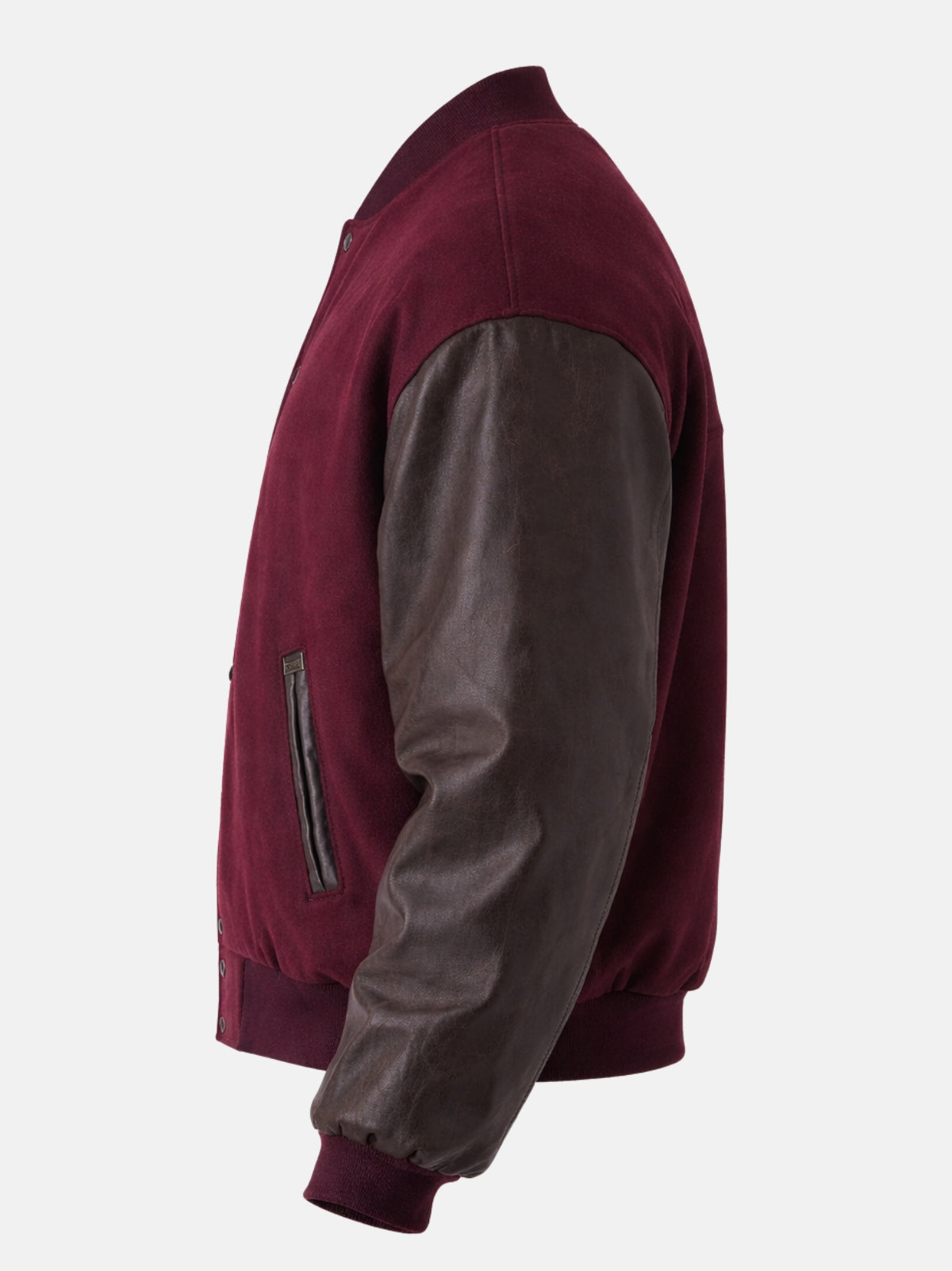 Reverse side view of an oversized maroon varsity jacket with dark brown leather sleeves