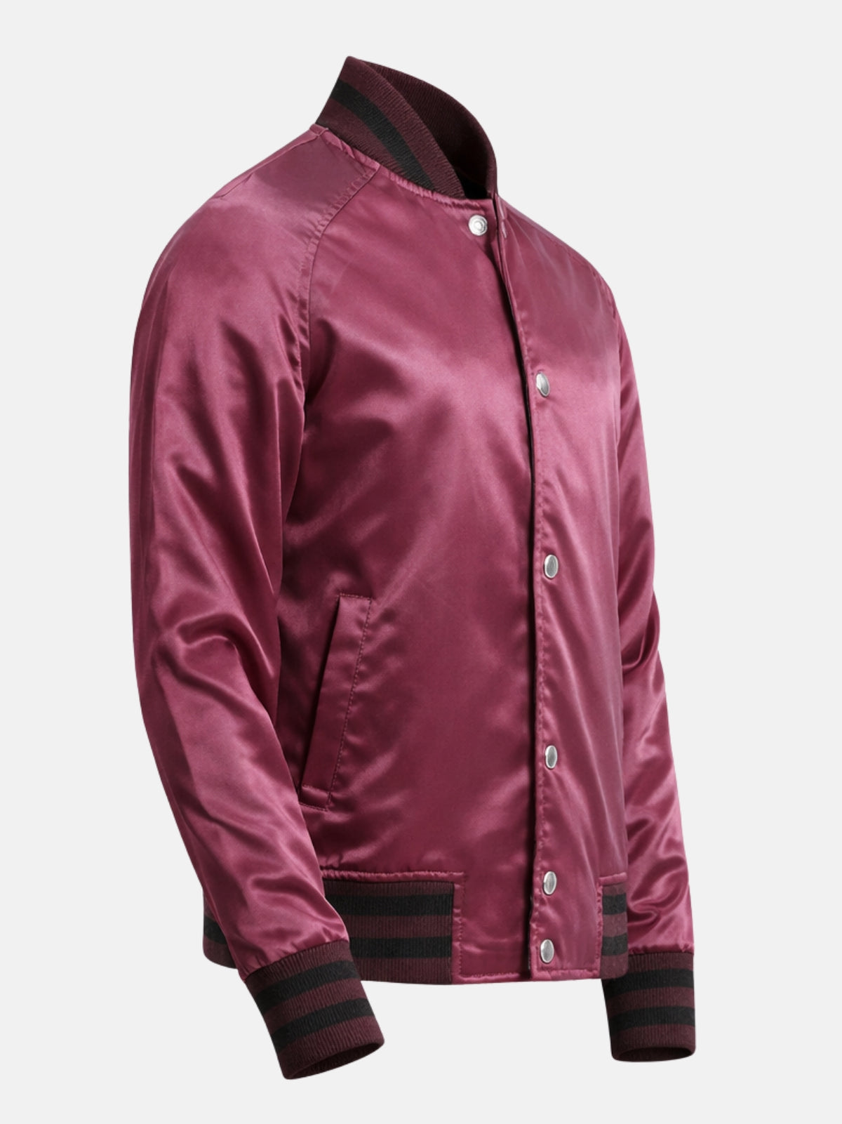 Angled front view of maroon satin varsity jacket with snap placket and hem tab