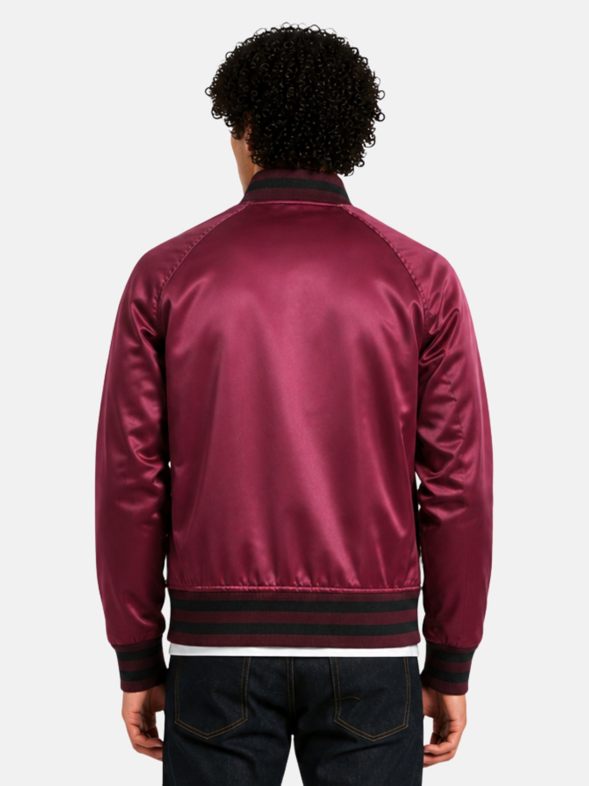 Back view of maroon satin varsity jacket with clean, patch-free back panel