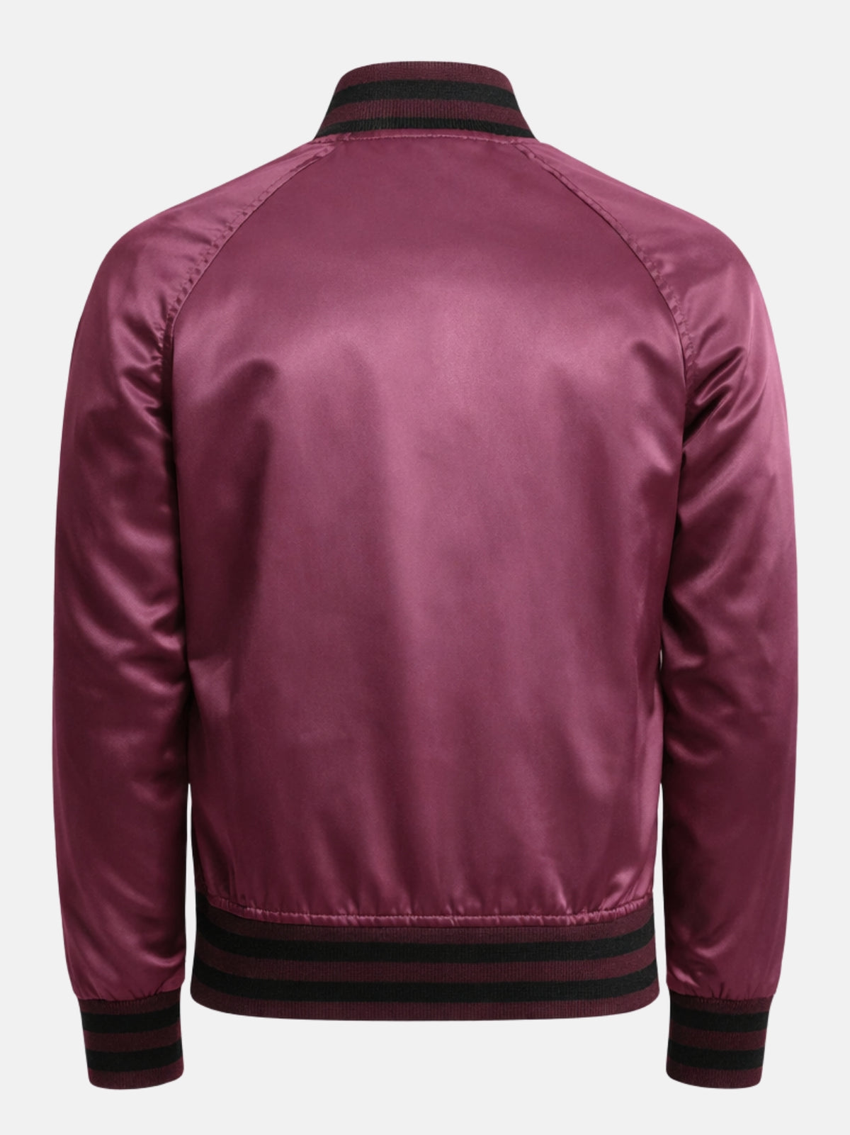 Flat back shot of maroon satin varsity jacket showing raglan seams