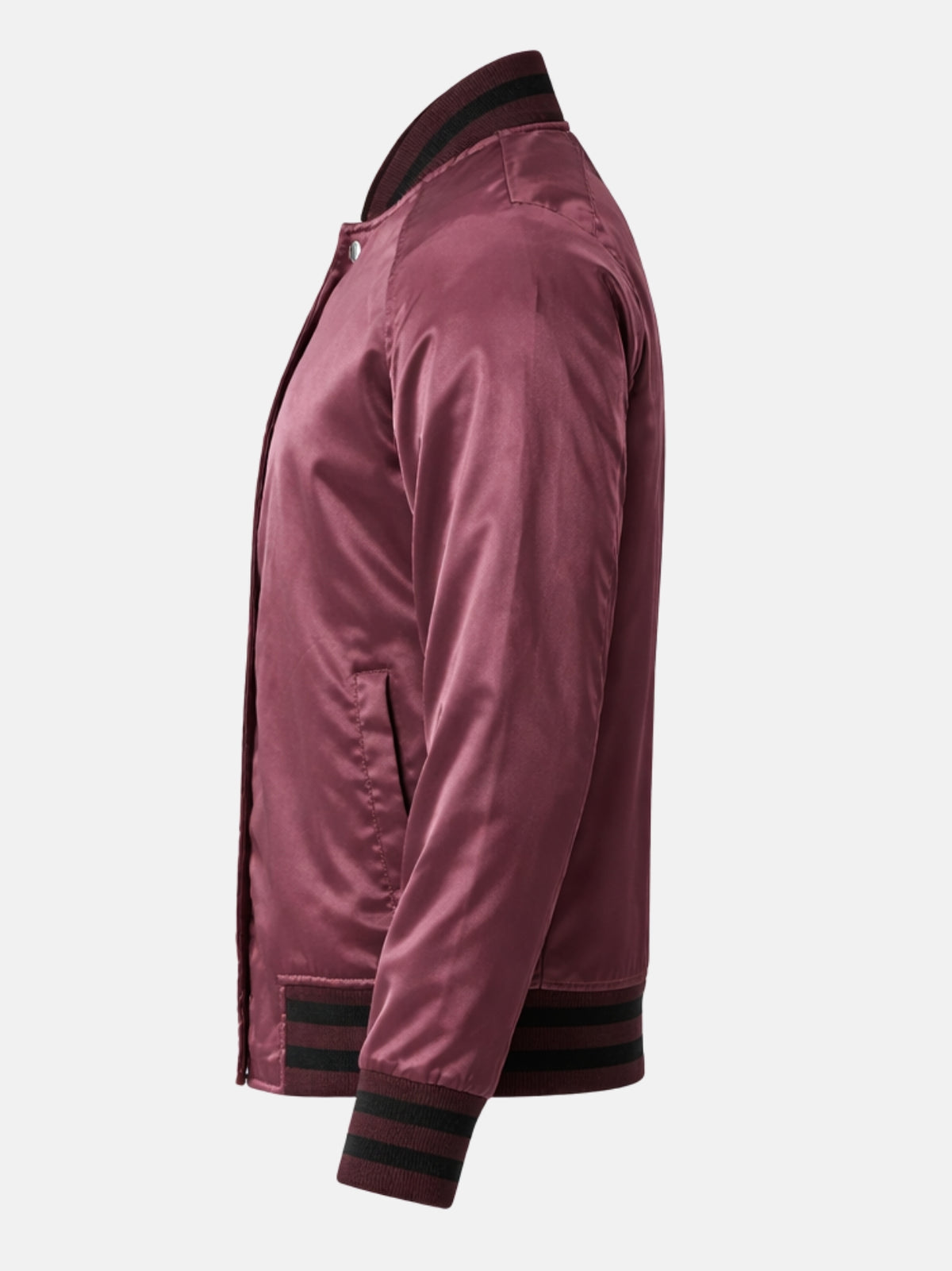 Flat side view of maroon satin varsity jacket showing tonal slit pocket