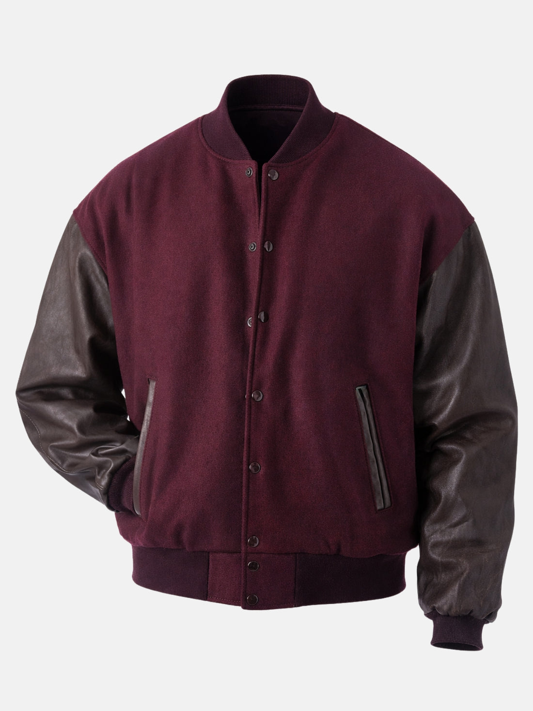 Man wearing a maroon wool varsity jacket with dark brown leather sleeves and snap front