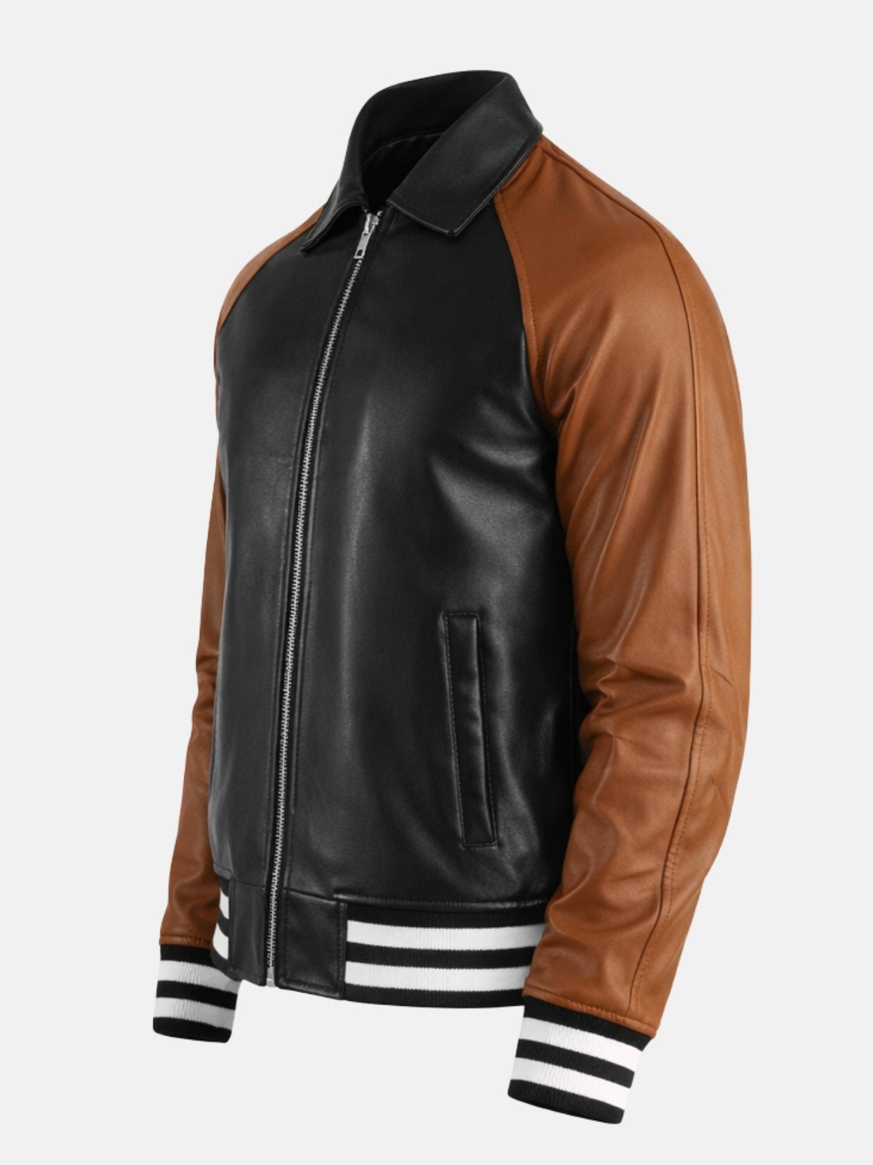 Angled view of mens black leather varsity jacket with brown sleeves