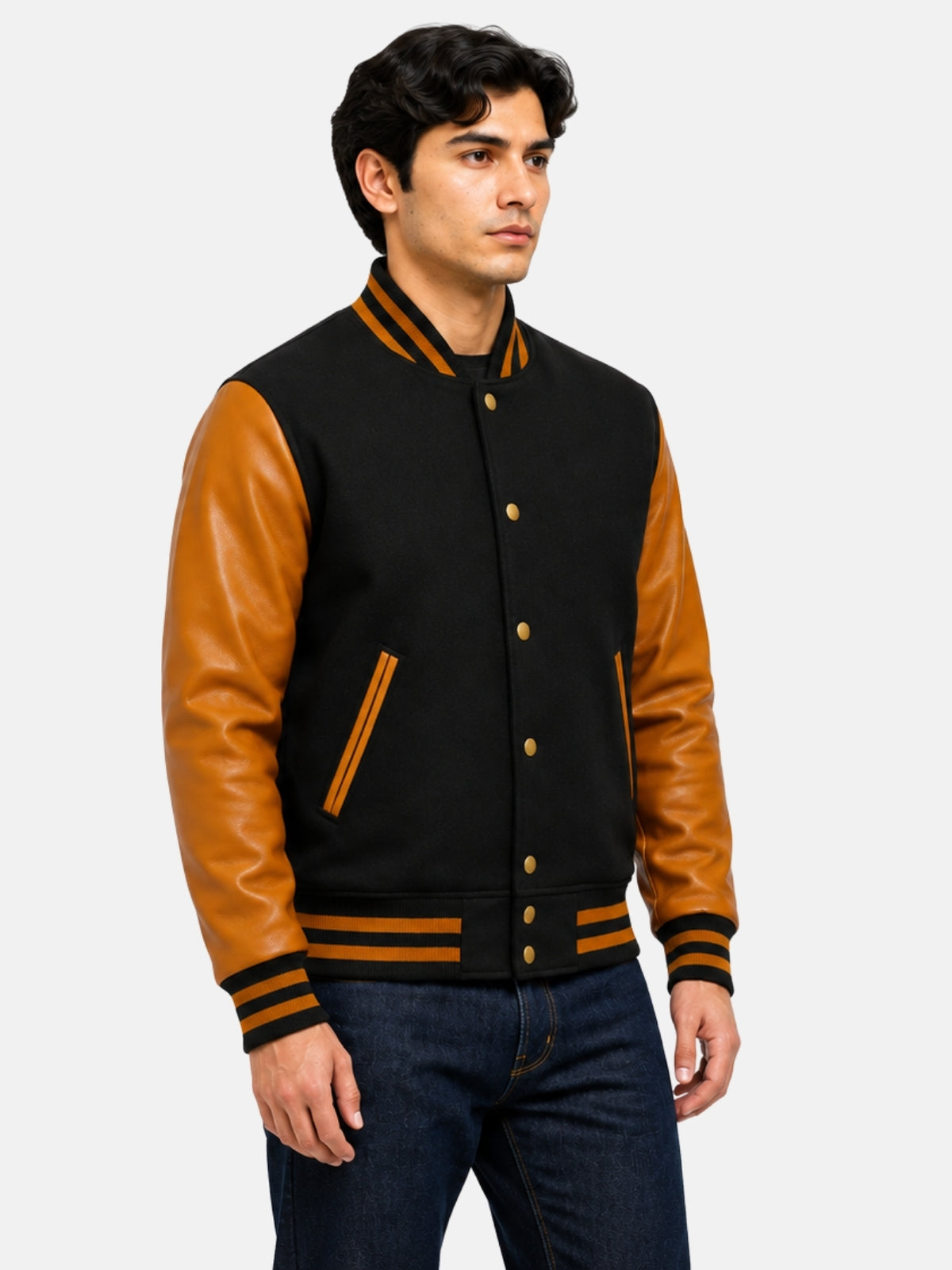 Three-quarter view of mens black wool letterman jacket with gold leather sleeves