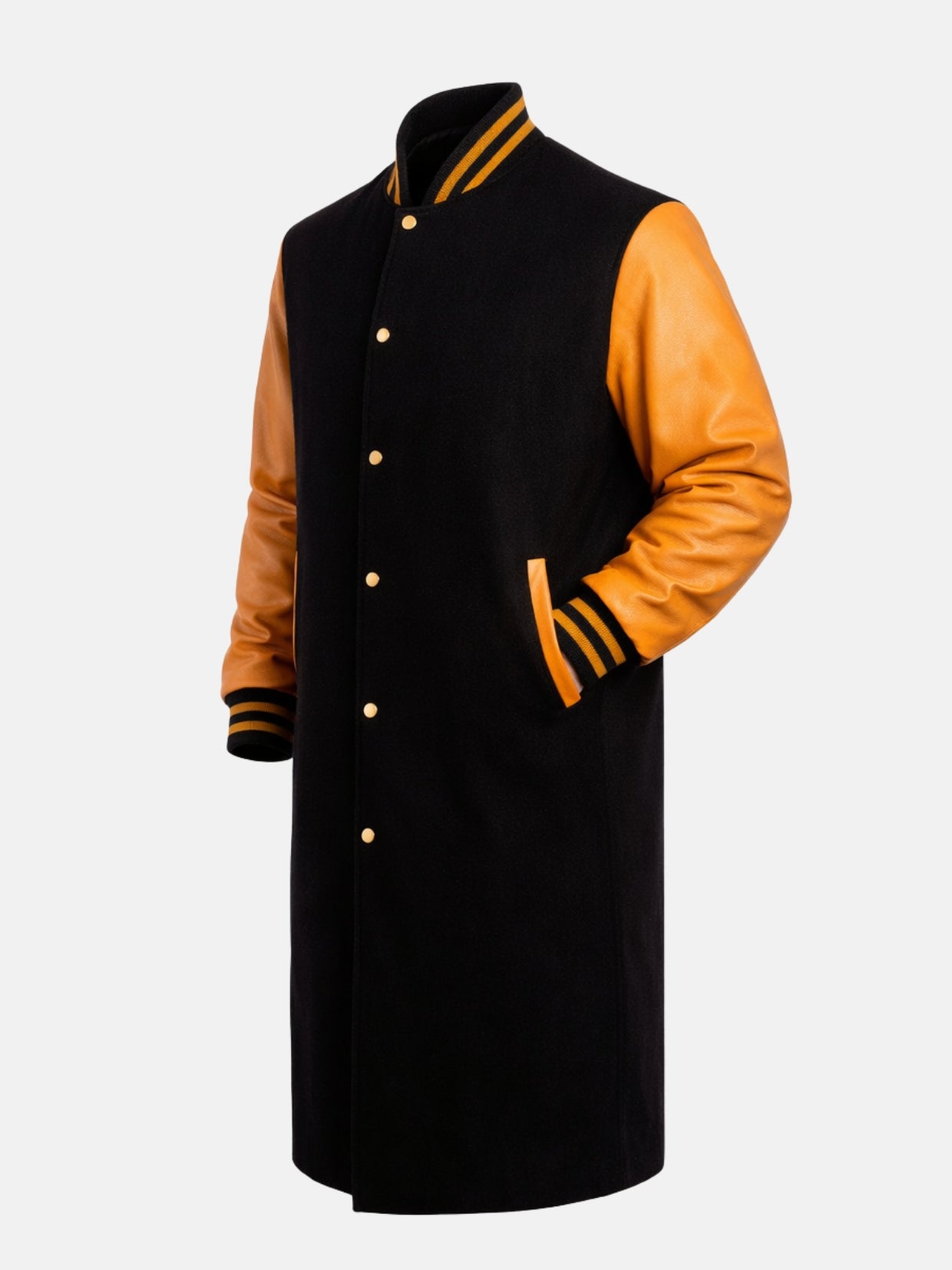 Angled view of men's black and orange wool varsity coat with knee-length cut