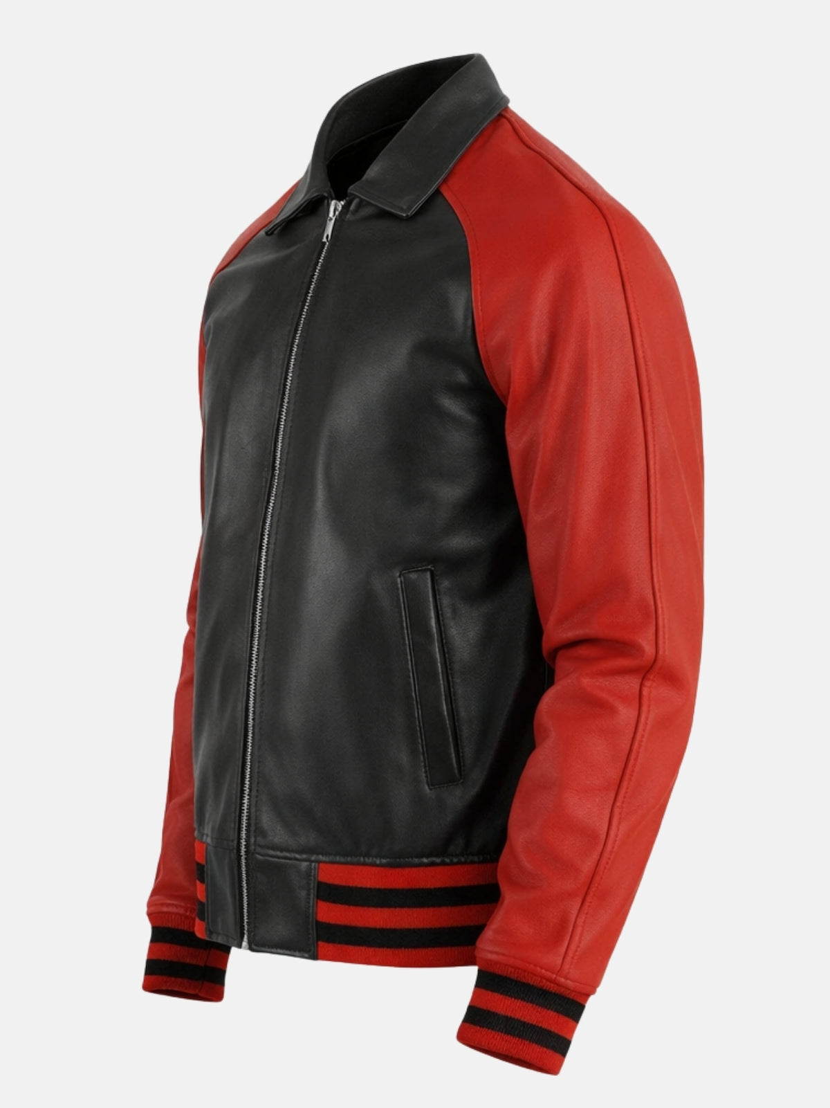 Angled view of mens black leather varsity jacket with red sleeves
