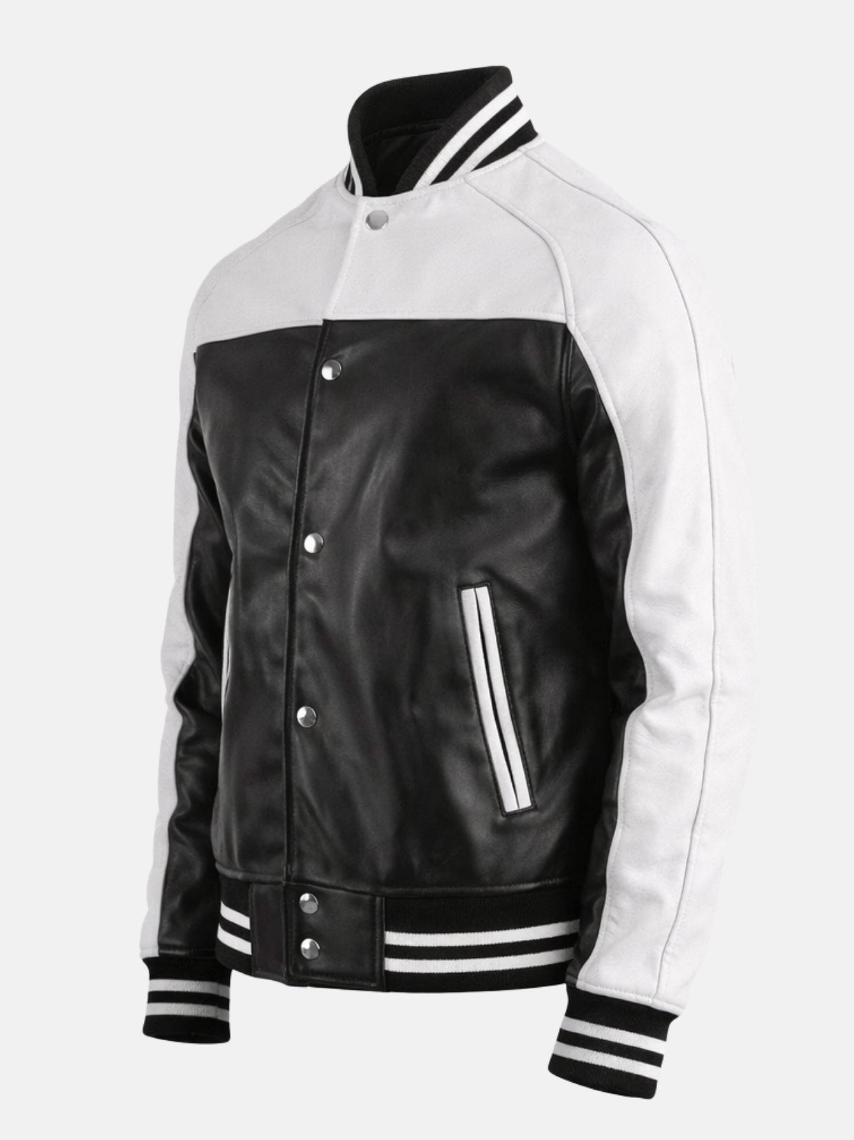 Angled view of mens black and white leather varsity jacket