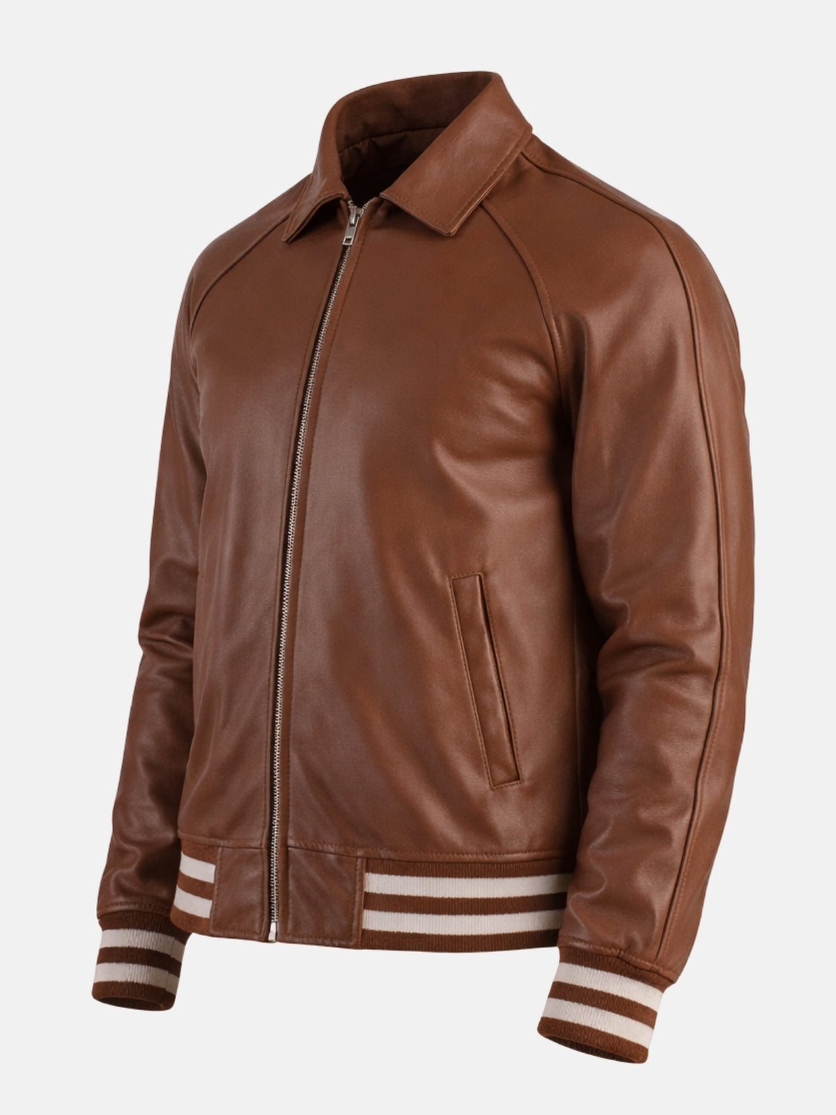 Angled view of mens brown leather varsity jacket with silver zipper