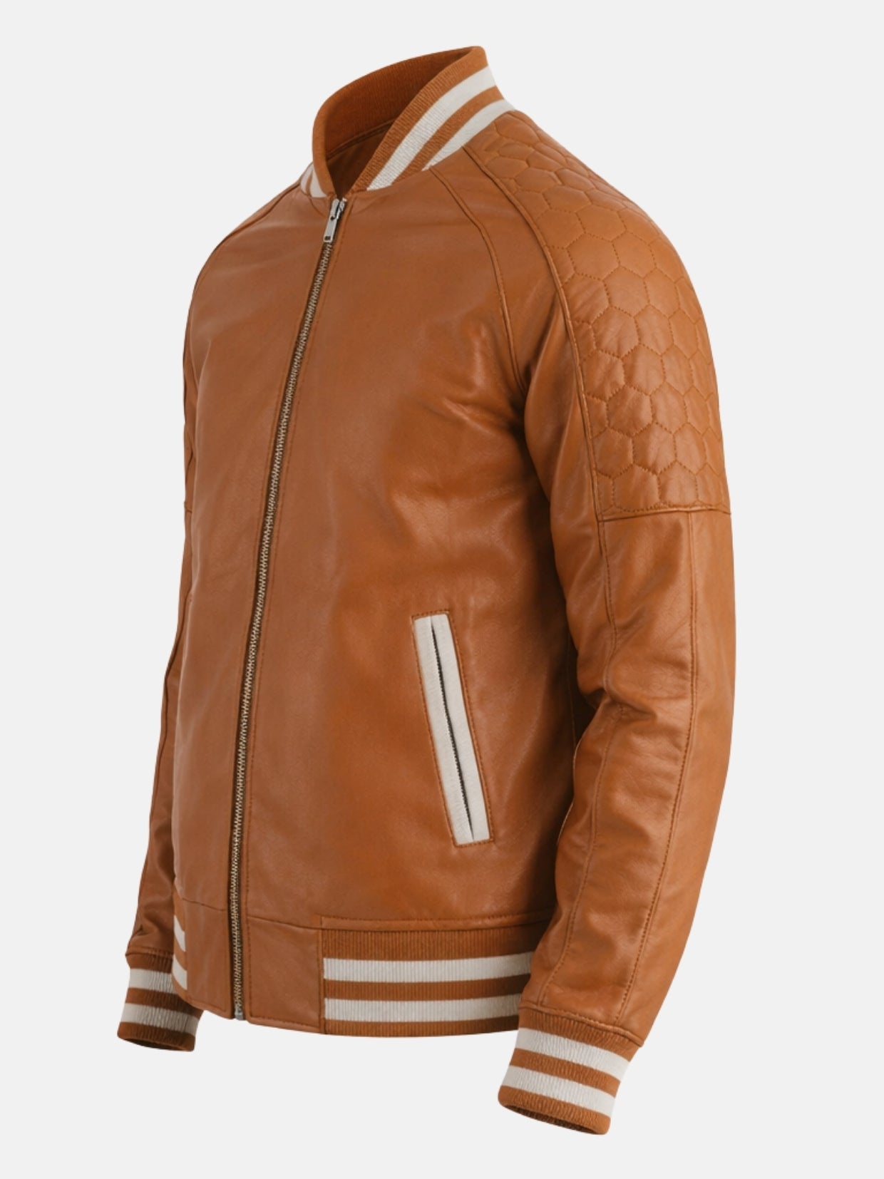 Angled view of mens camel leather letterman jacket with striped rib trim