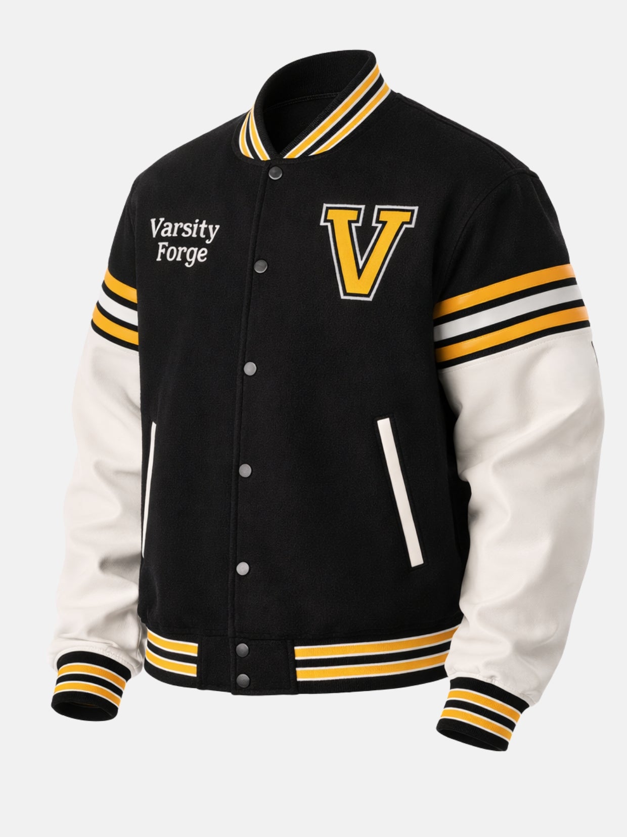 Angled view of men's oversized varsity jacket with chenille V patch and striped rib trims