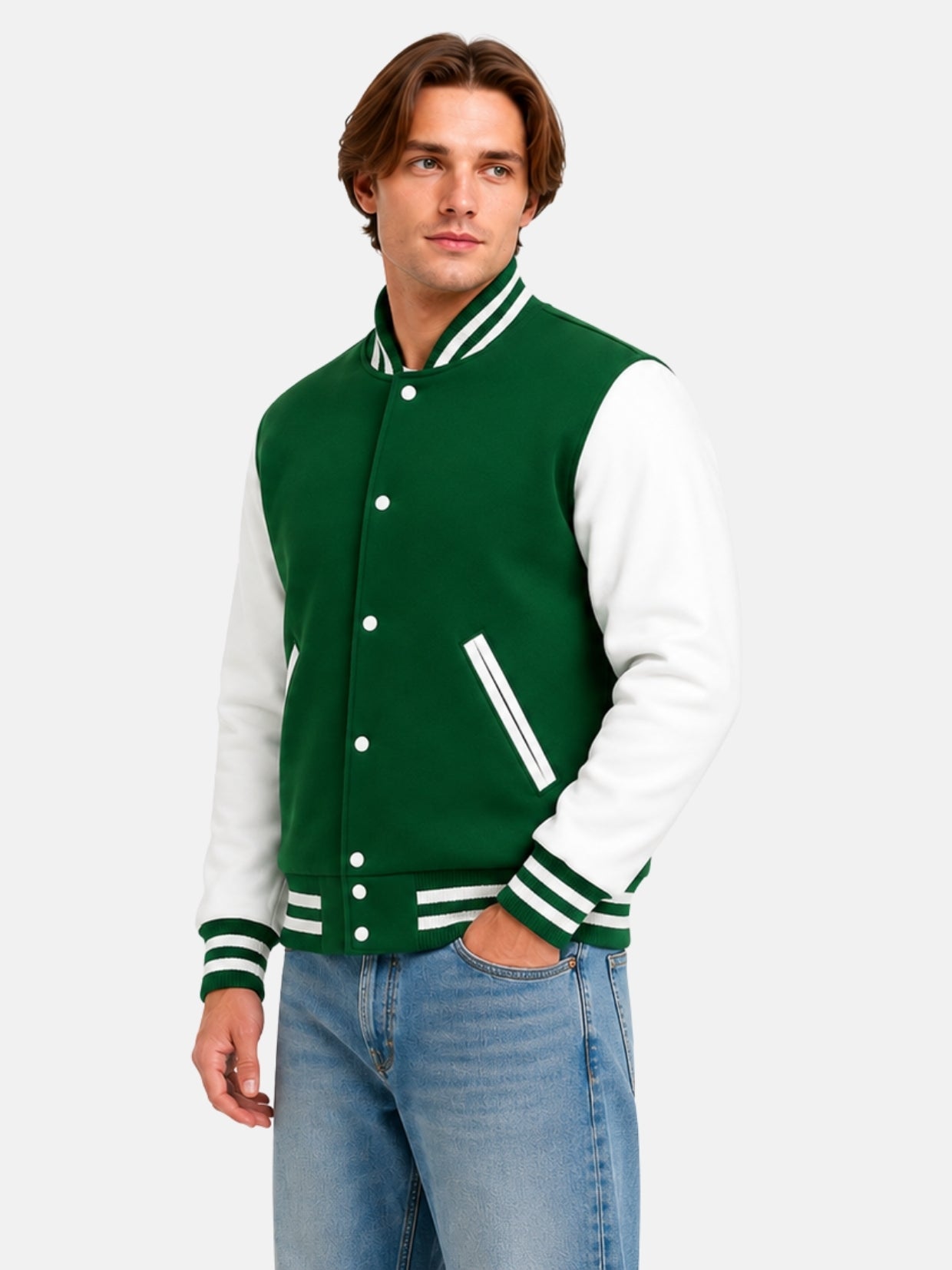 Three-quarter view of green and white letterman jacket with light-wash jeans on model