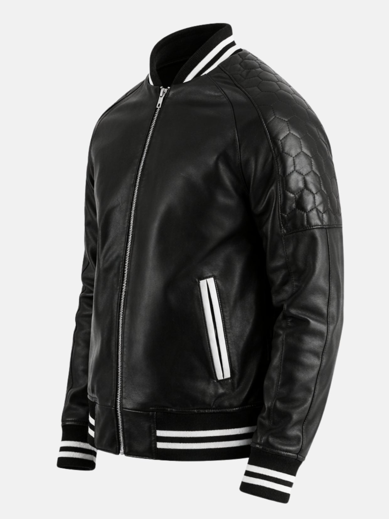 Angled view of mens black leather varsity bomber jacket with silver zipper