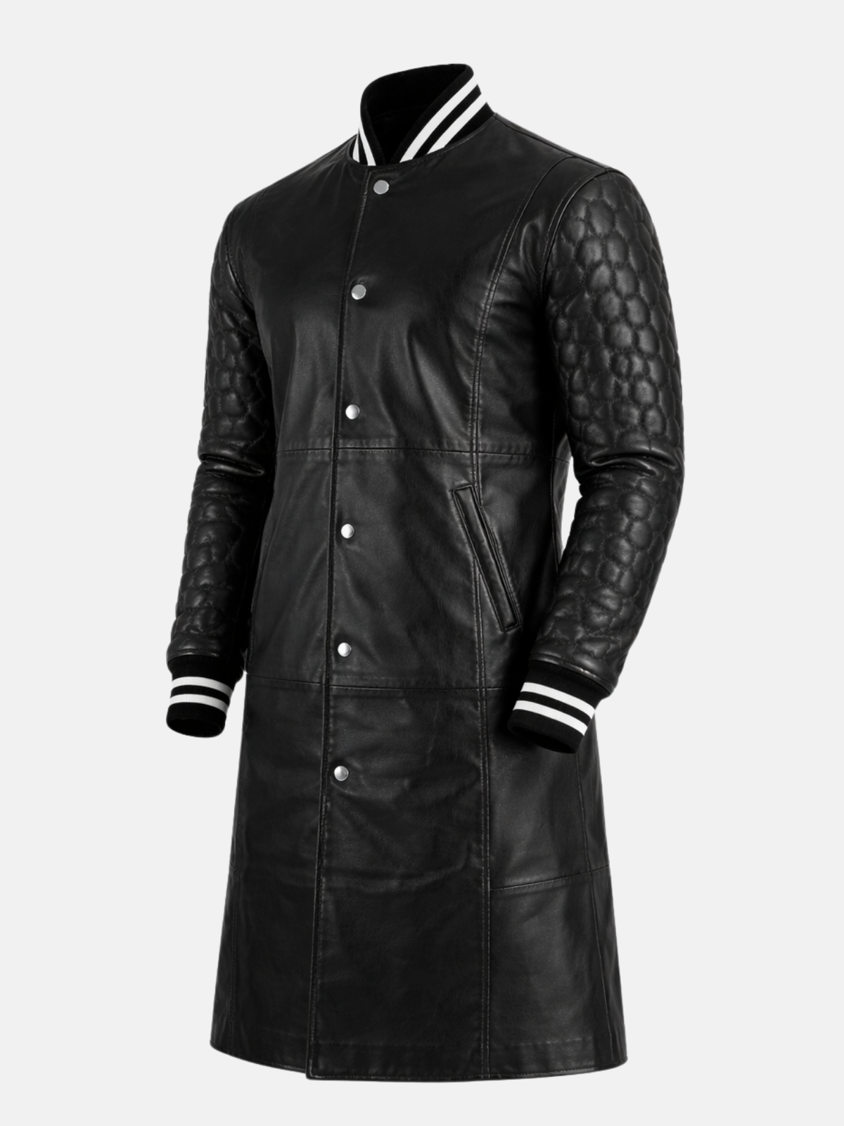 Angled view of men's longline black leather varsity coat with snap front and quilted sleeves