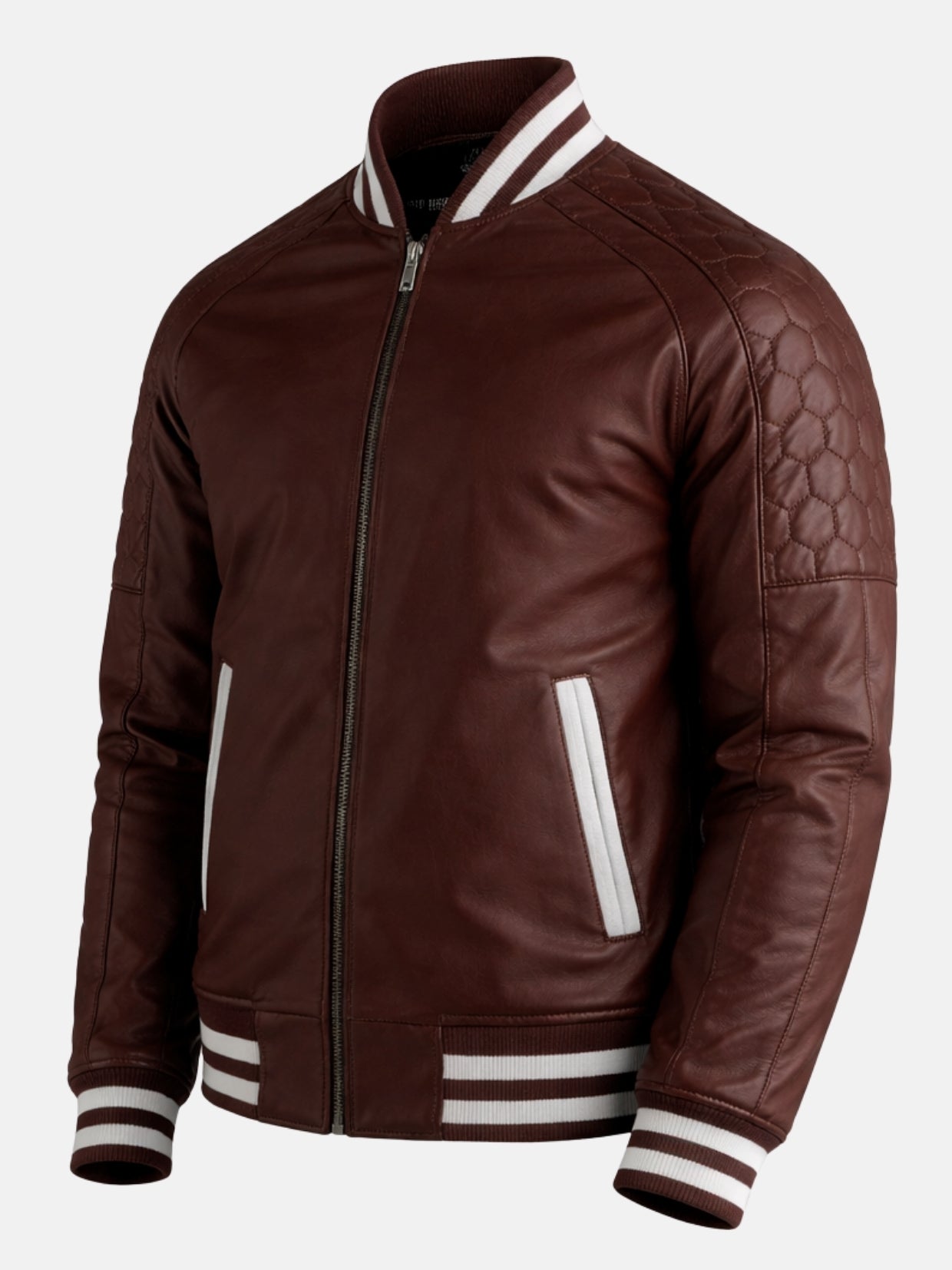 Angled view of mens maroon leather varsity jacket with striped rib knits