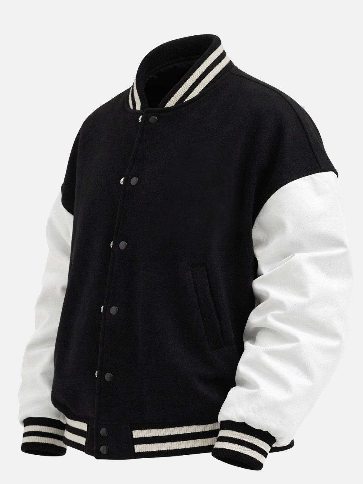 Angled view of men's oversized black varsity jacket with white sleeves and black snaps