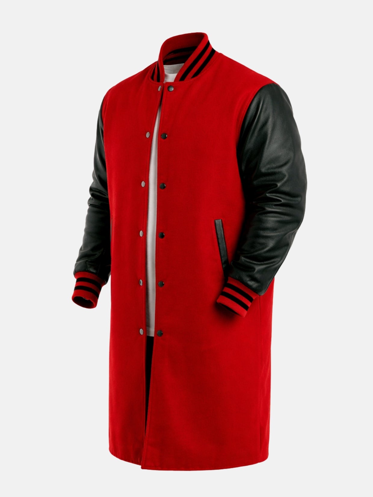 Angled view of men's red and black wool varsity coat with snap front and striped cuffs