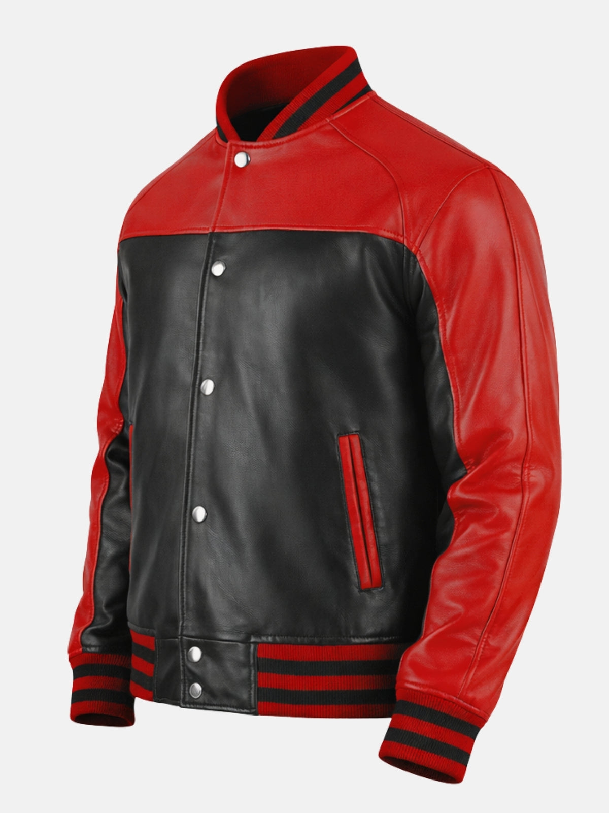 Angled view of mens red and black leather varsity jacket with contrast sleeves