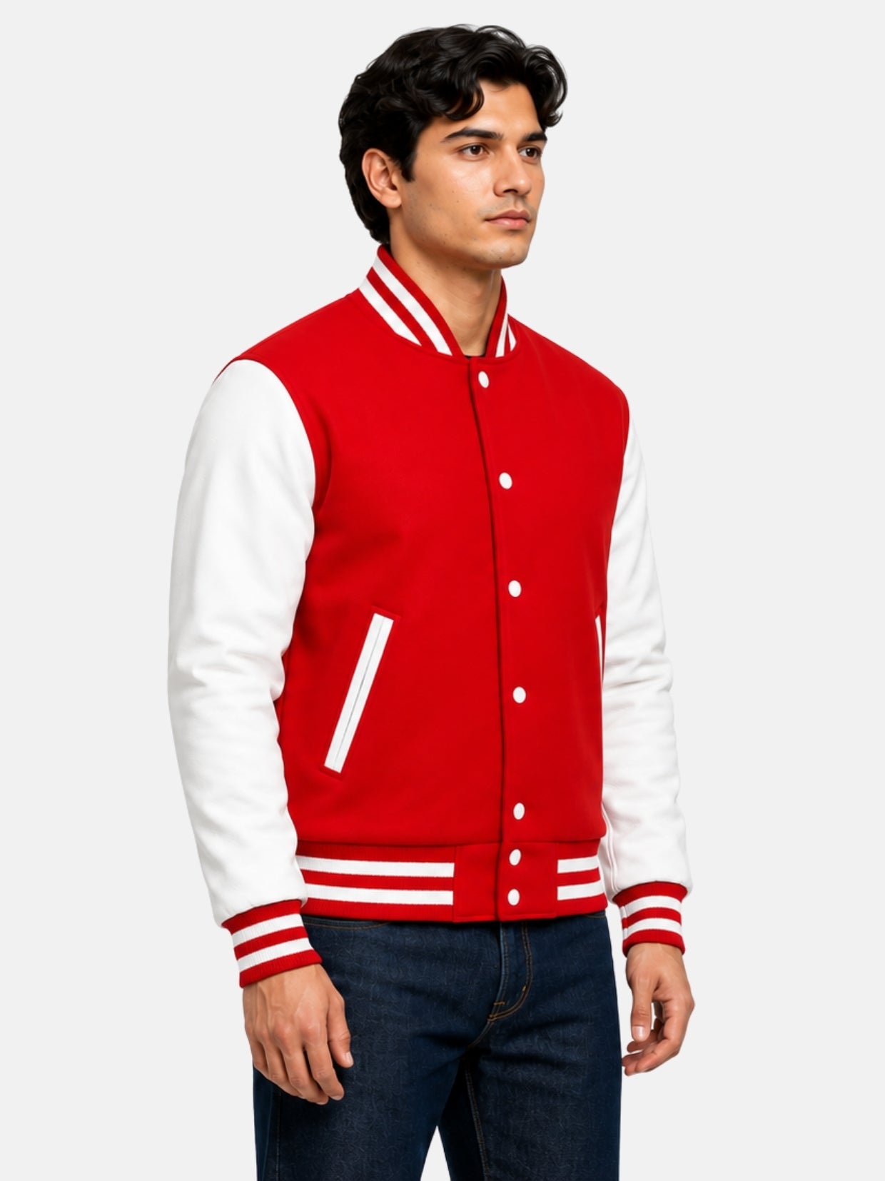 Three-quarter view of red and white letterman jacket over dark denim on male model