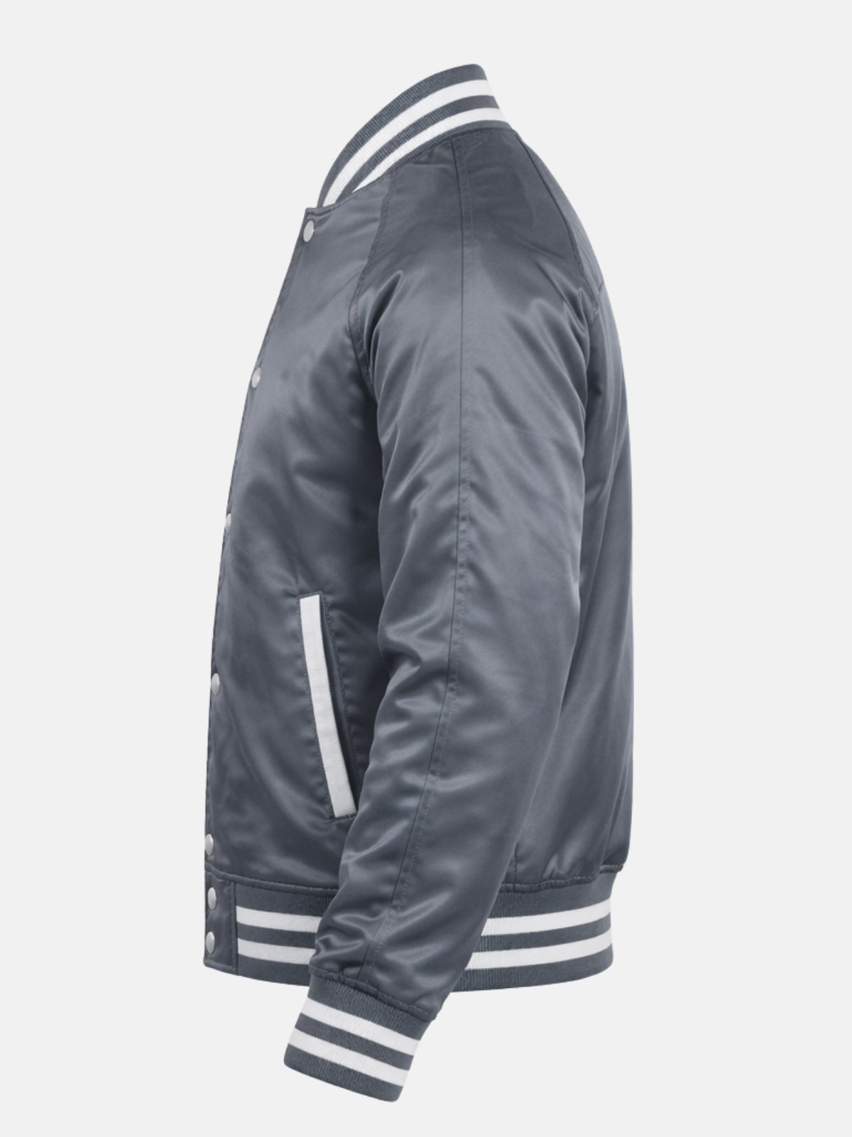 Side flat view of mens satin varsity jacket in grey with striped rib cuffs