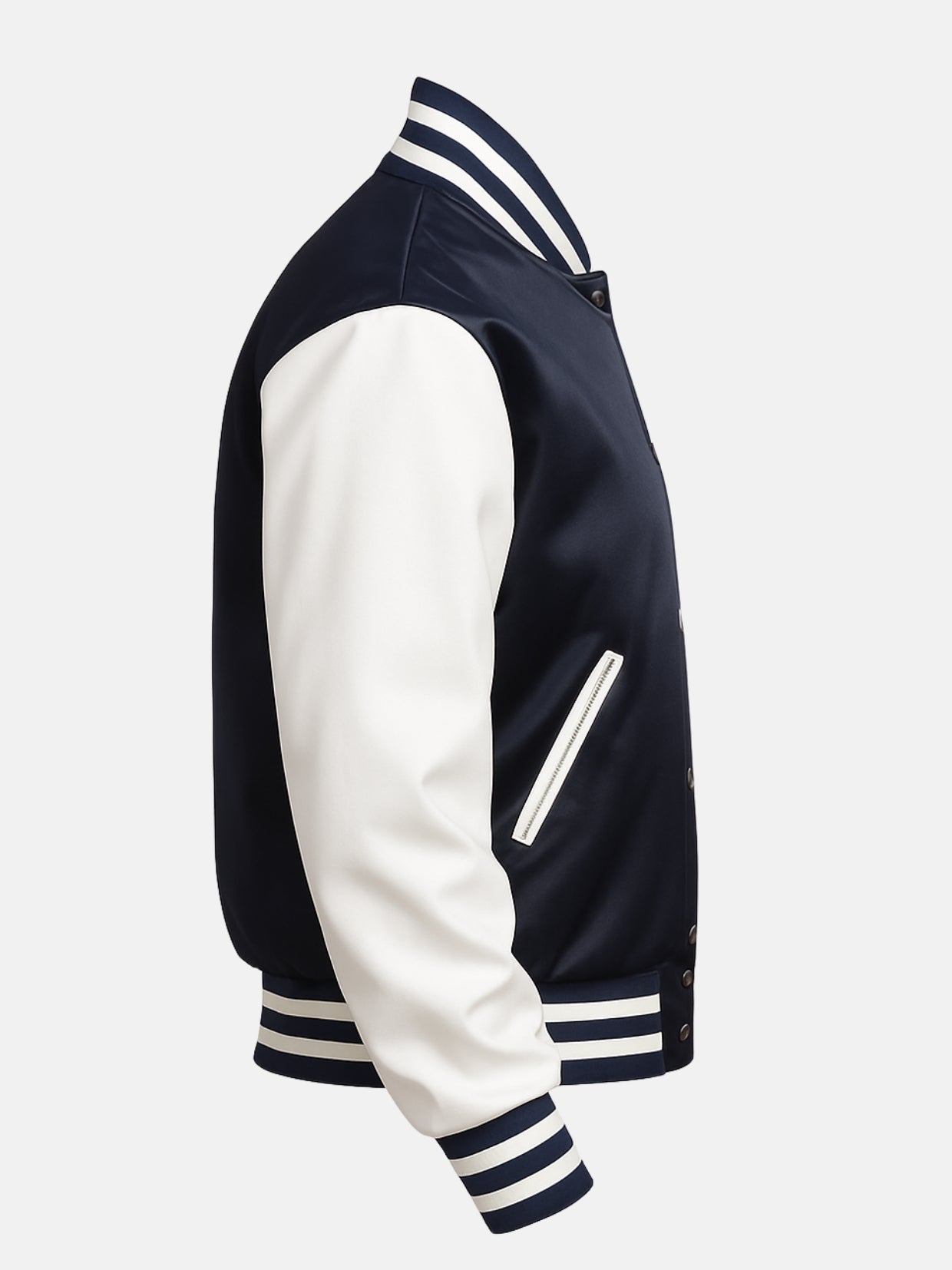 Side flat view of mens satin varsity jacket in navy with white-piped pocket