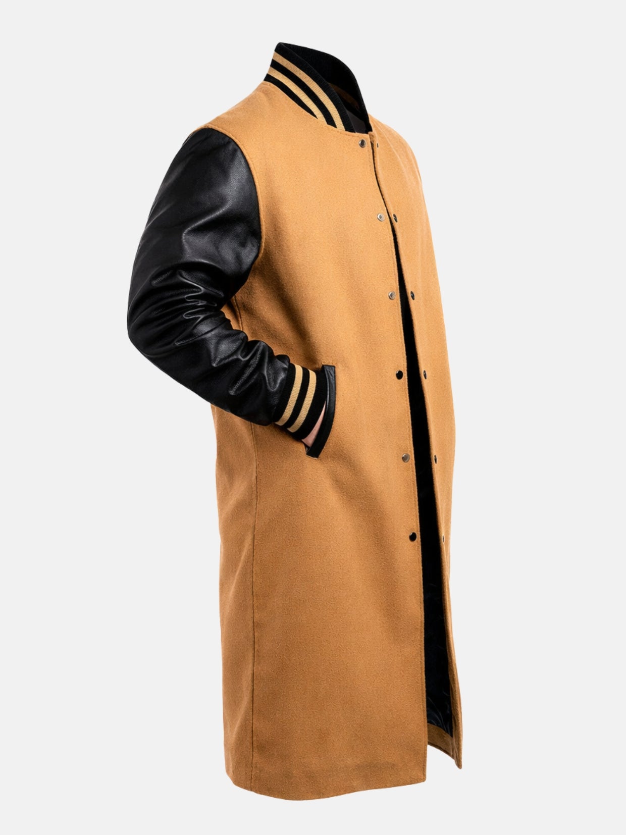 Angled view of men's tan and black wool varsity trench coat with snap-button front