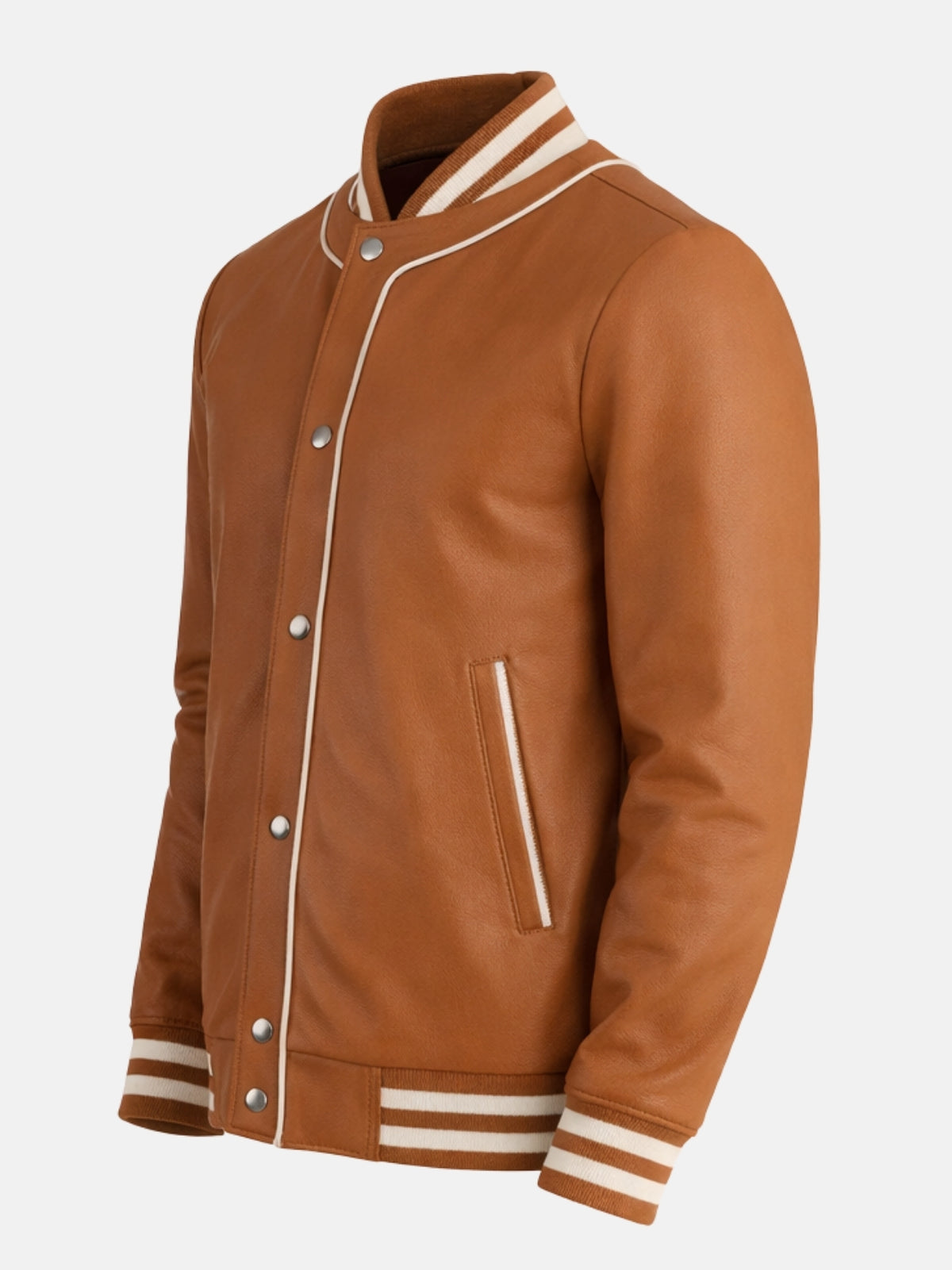 Angled view of mens tan leather letterman bomber with striped rib knits