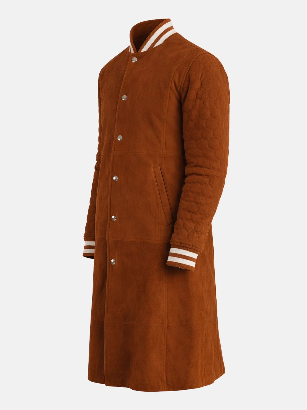 Angled view of men's tan suede varsity coat with quilted sleeves and knee-length cut