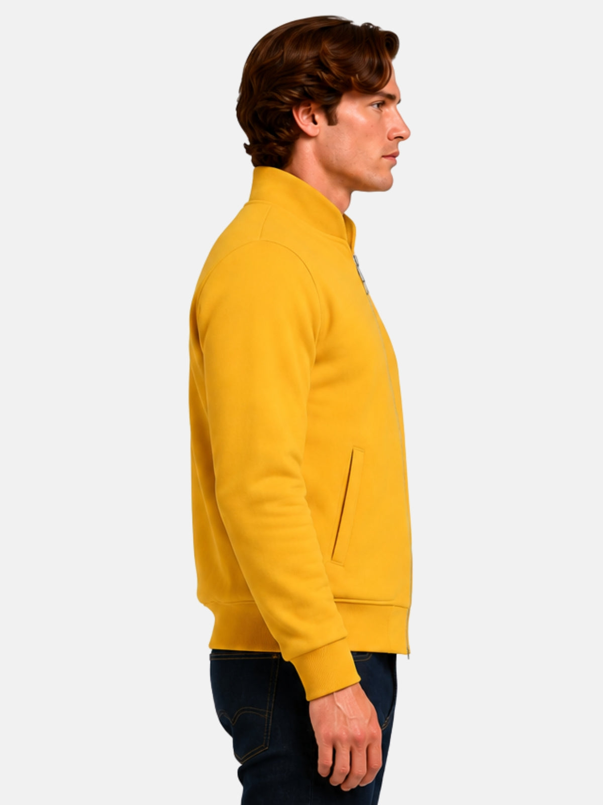 Side profile of mens yellow varsity jacket showing welt pocket and ribbed cuff