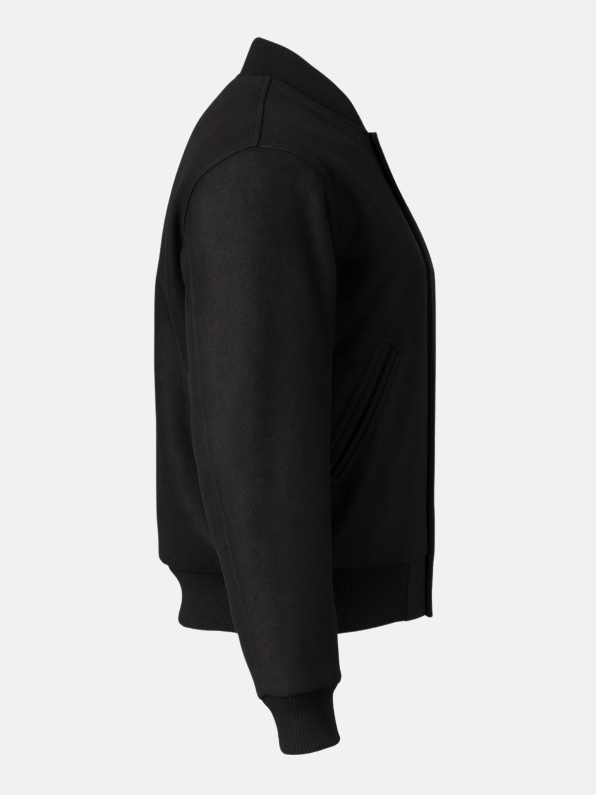 Flat side view of minimalist black varsity jacket showing welt pocket