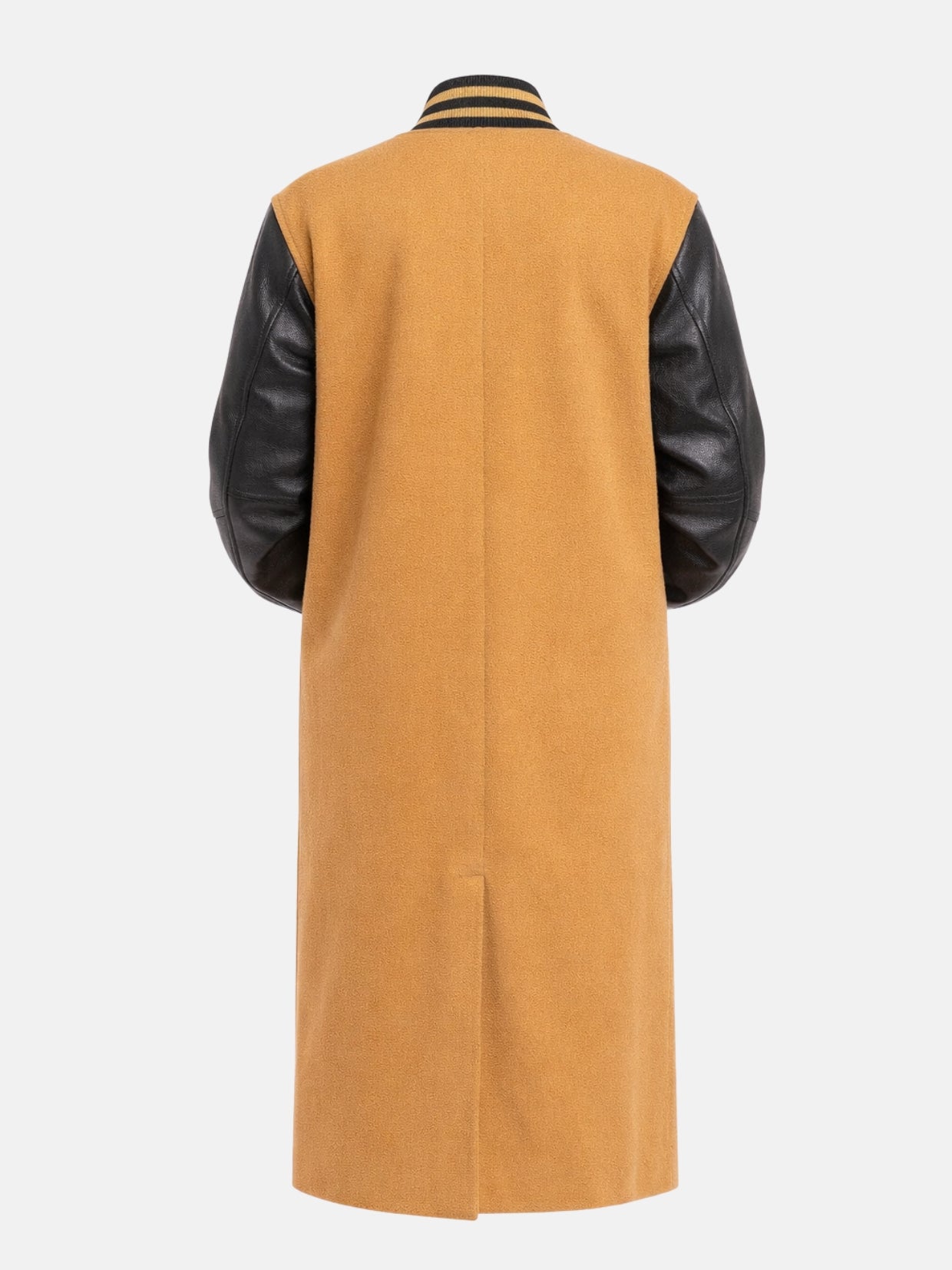 Mustard and black women's varsity coat, back detail close-up