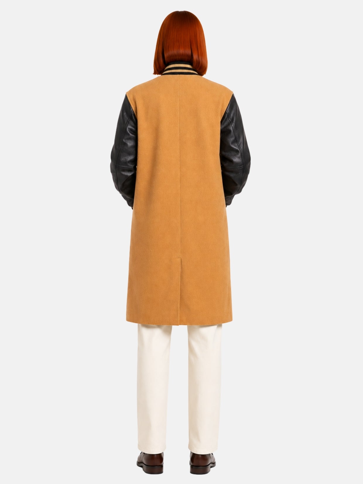 Mustard and black women's varsity coat, full back view
