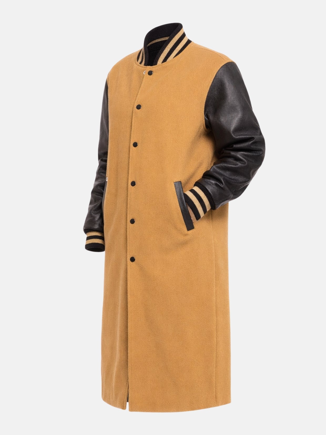 Mustard and black women's varsity coat, flat lay three-quarter angle