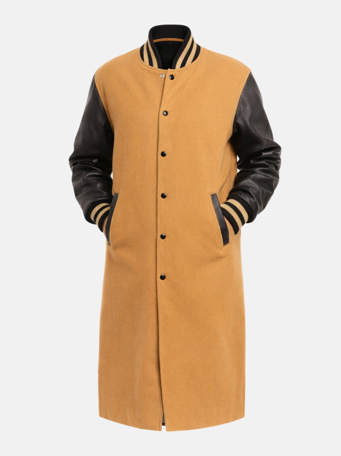 Mustard and black women's varsity coat, wool body with leather sleeves, front view